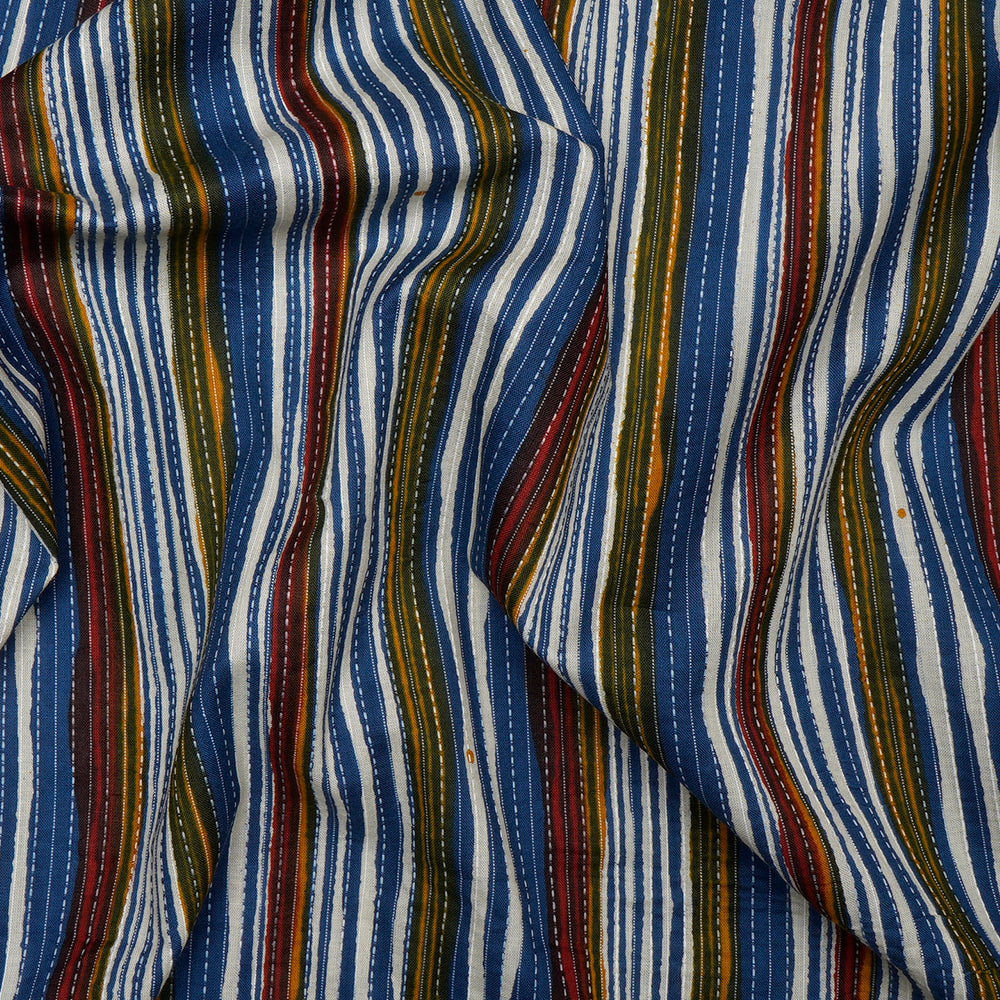 (Pre-Cut 2.00 Mtr)Multi Color Striped Pattern Screen Printed Kantha Dobby Pure Cotton Fabric