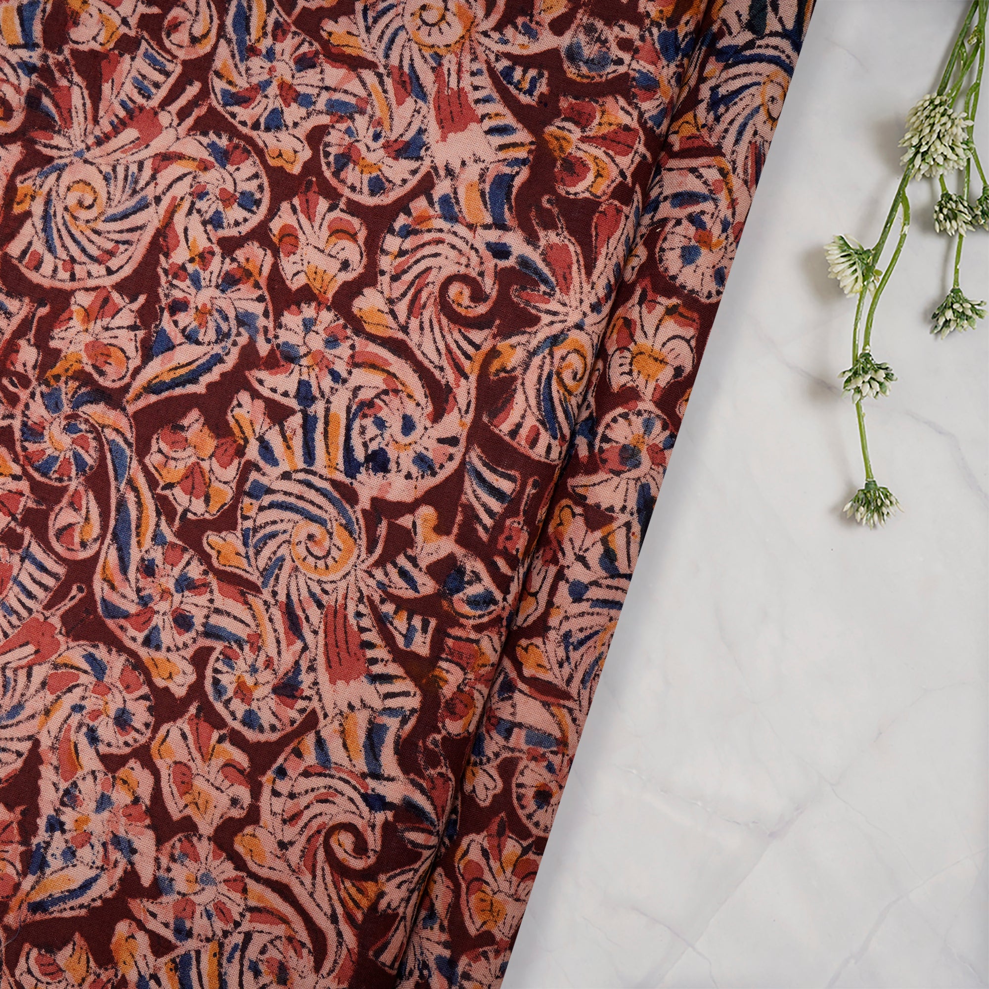(Pre-Cut 0.90 Mtr )Multi Color Abstract Pattern Hand Block Kalamkari Printed Cotton Fabric