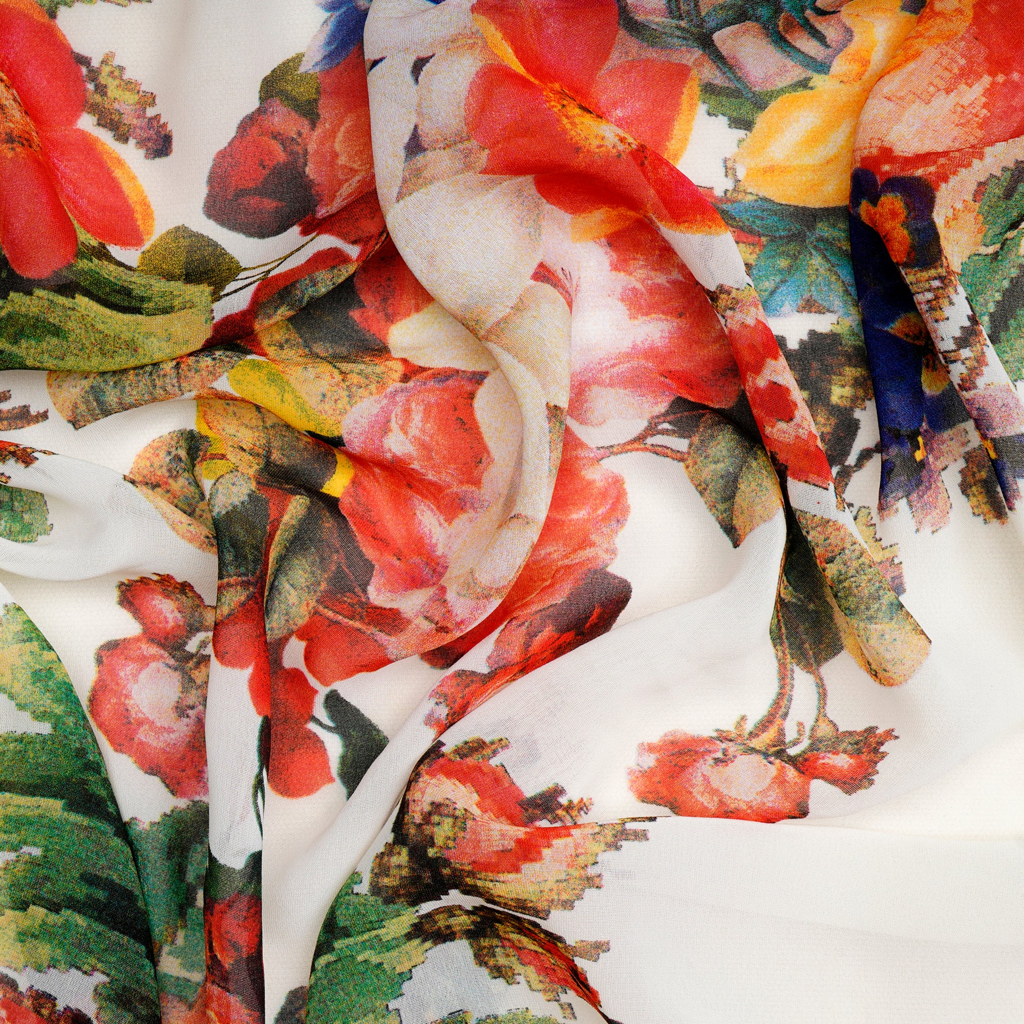 (Pre-Cu 0.95 Mtr)Multi Color Floral Pattern Screen Printed Polyester Georgette Fabric