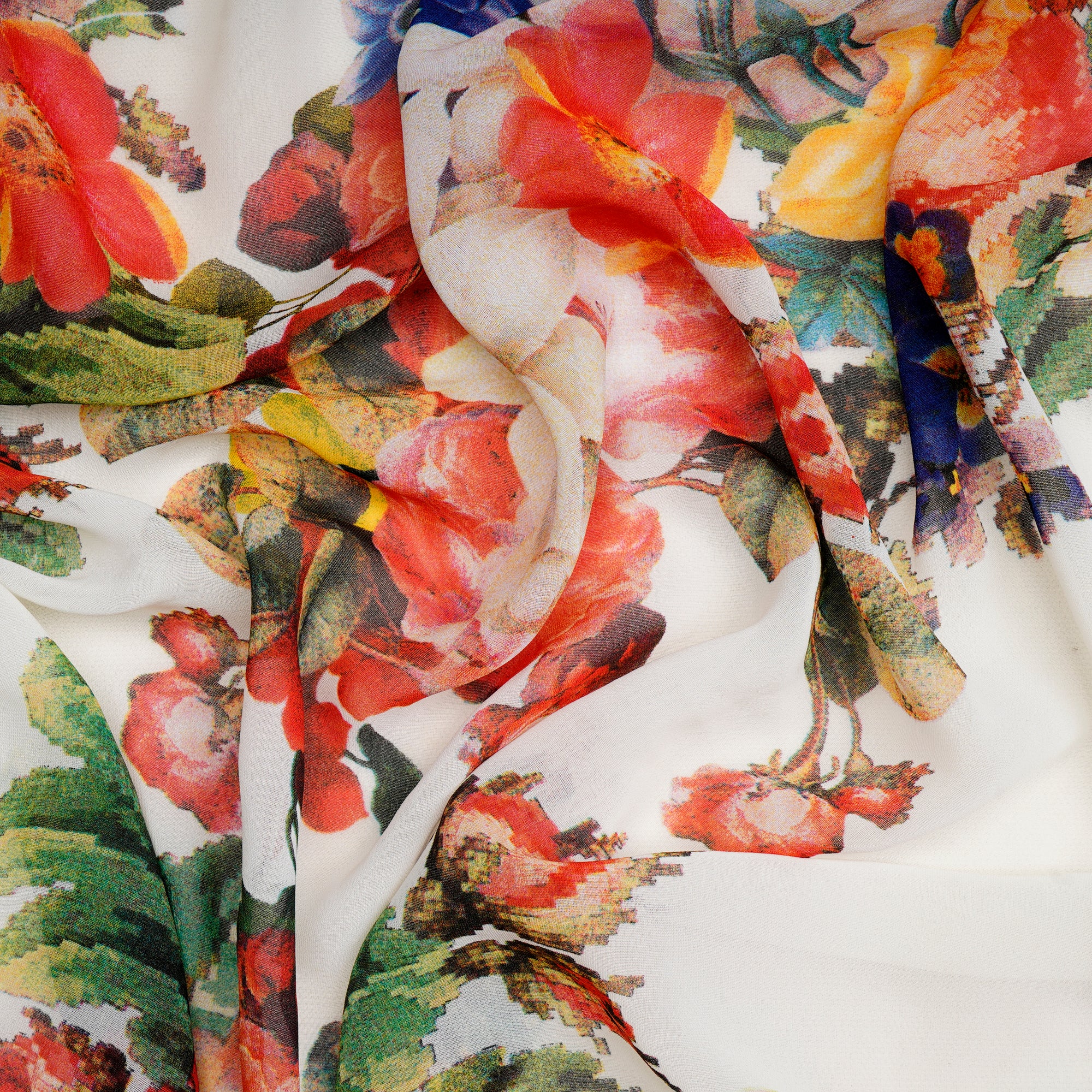 (Pre-Cut 1.00 Mtr)Multi Color Floral Pattern Digital Print Poly Georgette Fabric