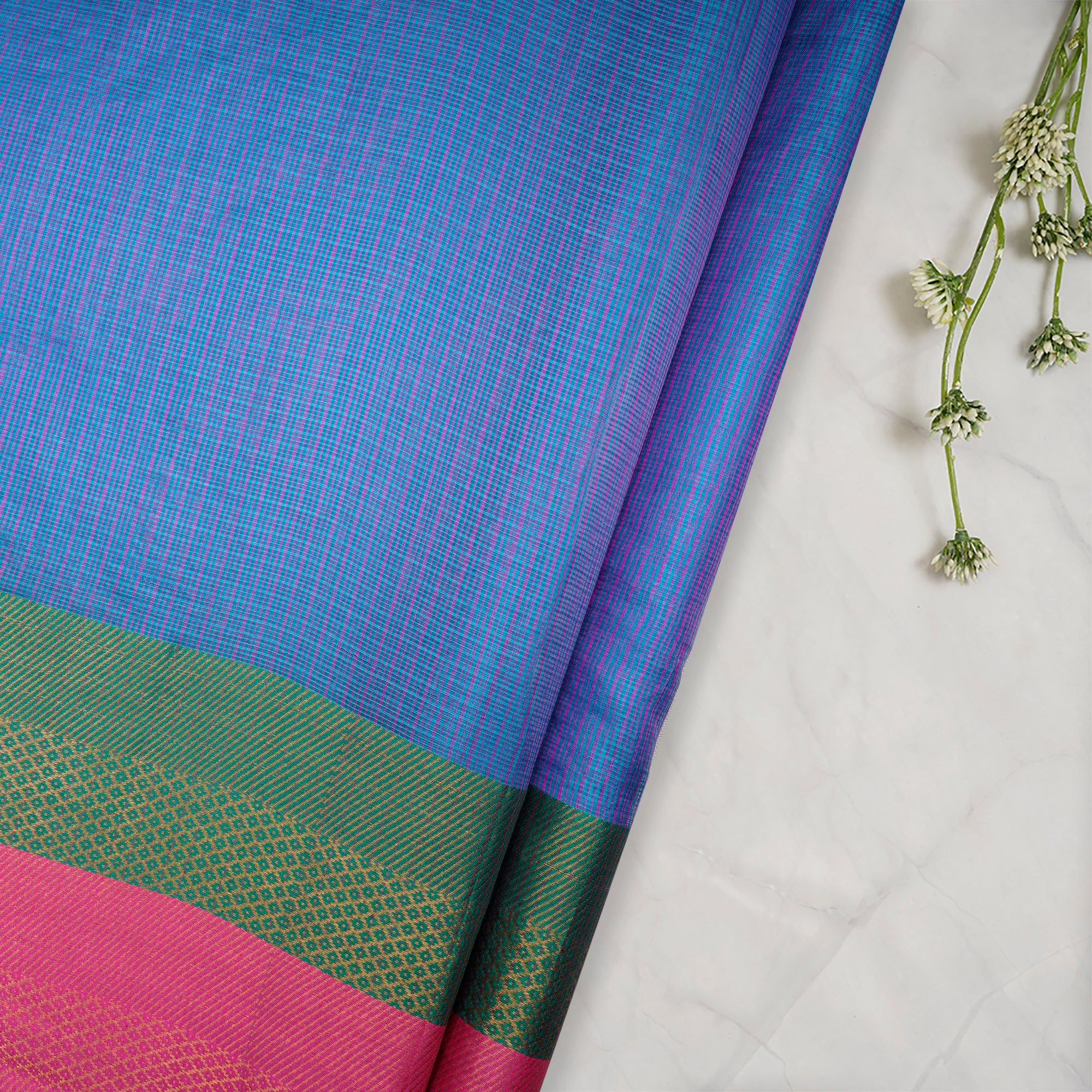 (Pre-Cut 3.10 Mtr)Blue-Green Handwoven Kota Silk Fabric With Zari Border