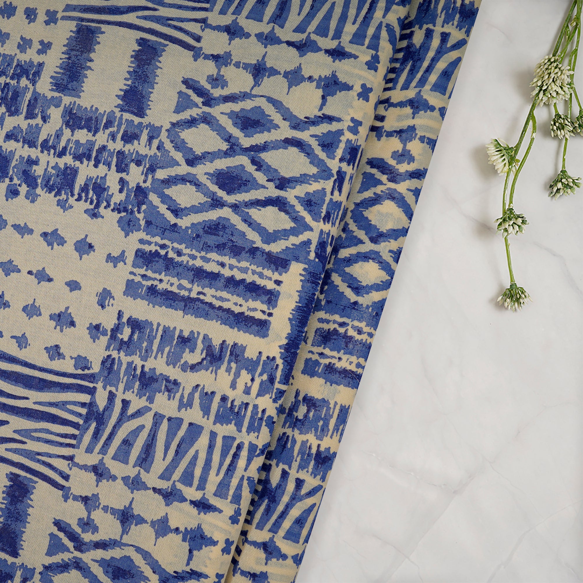 (Pre-Cut 2.25 Mtr)White-Blue Geometric Pattern Digital Print Voile Cotton Fabric