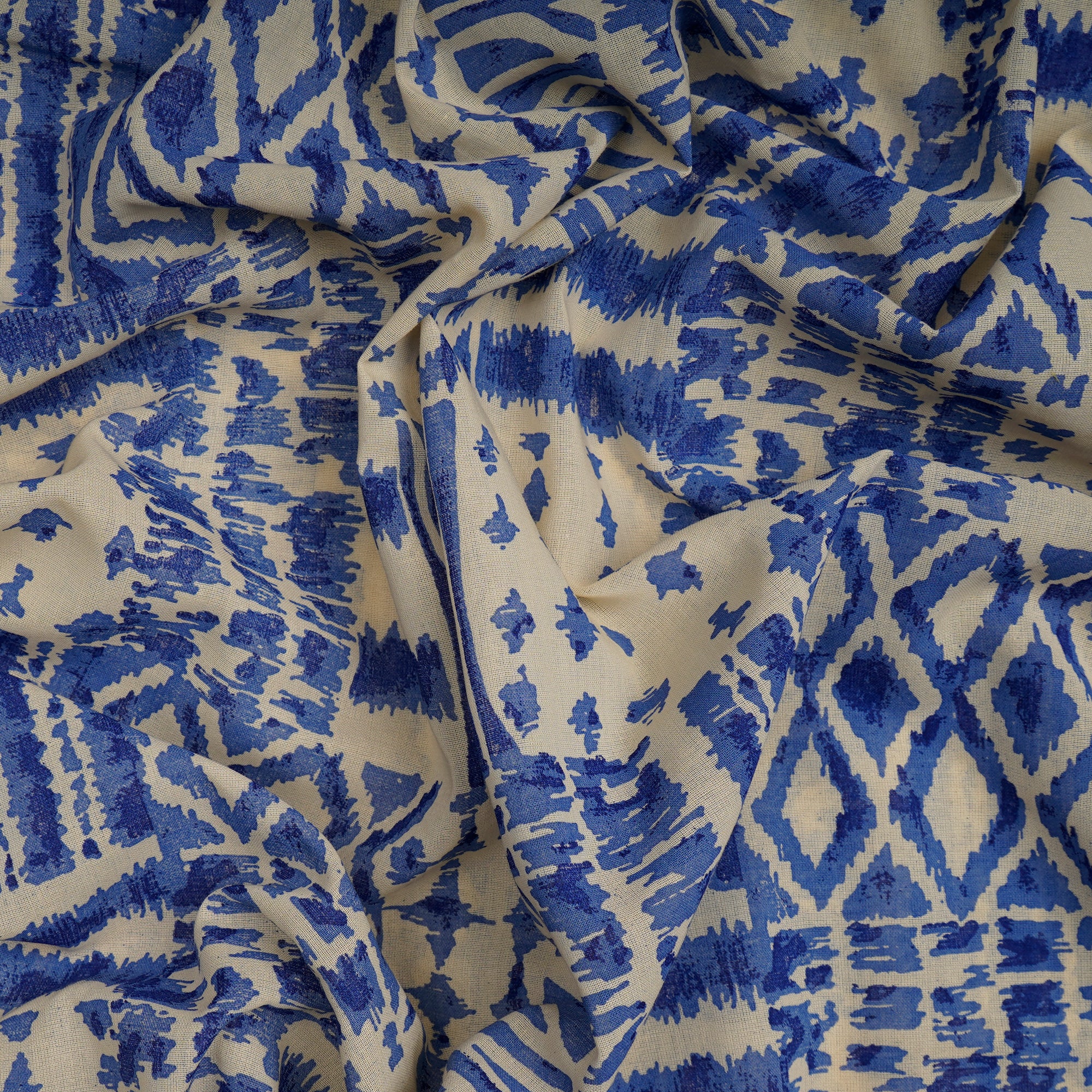 (Pre-Cut 2.25 Mtr)White-Blue Geometric Pattern Digital Print Voile Cotton Fabric