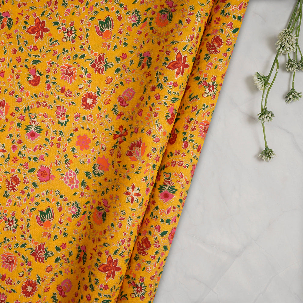 (Pre-Cut 3.00 Mtr)Honey Yellow Color Khari (Metallic) Screen Print Cotton Fabric