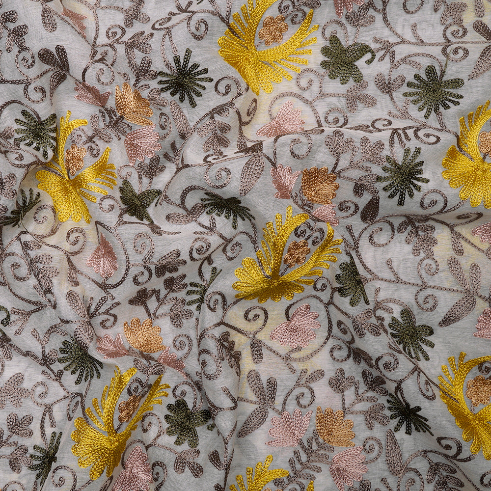 (Pre-Cut 2.50 Mtr)Multi Color Aari Embroidered Fine Chanderi Fabric