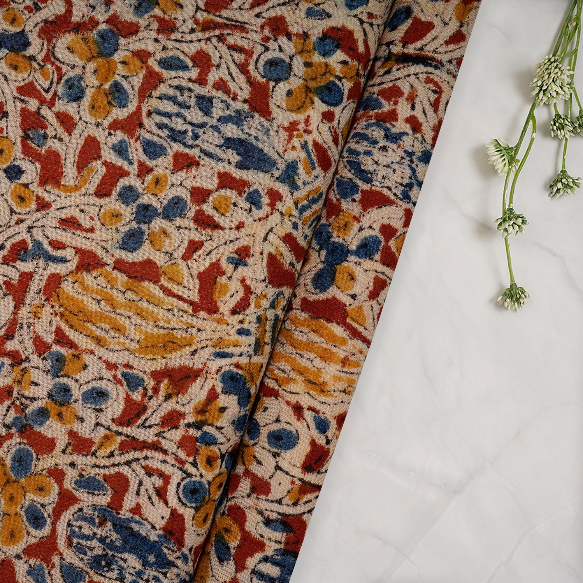 (Pre-Cut 0.50 Mtr)Multi Abstract Pattern Hand Block Kalamkari Printed Cotton Fabric
