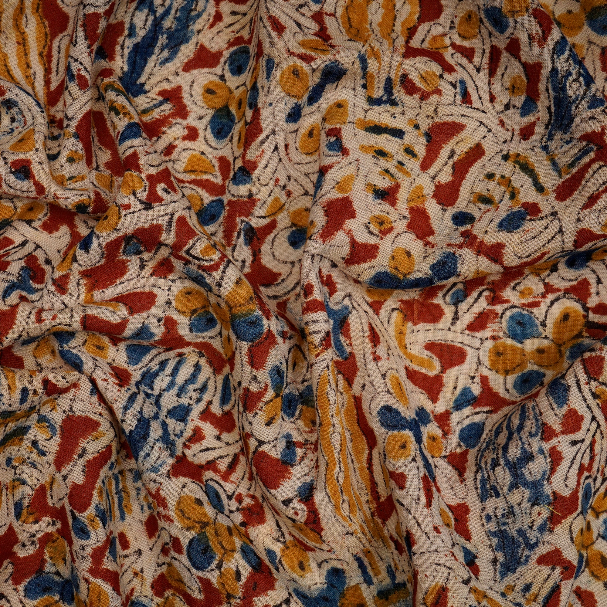 (Pre-Cut 0.50 Mtr)Multi Abstract Pattern Hand Block Kalamkari Printed Cotton Fabric