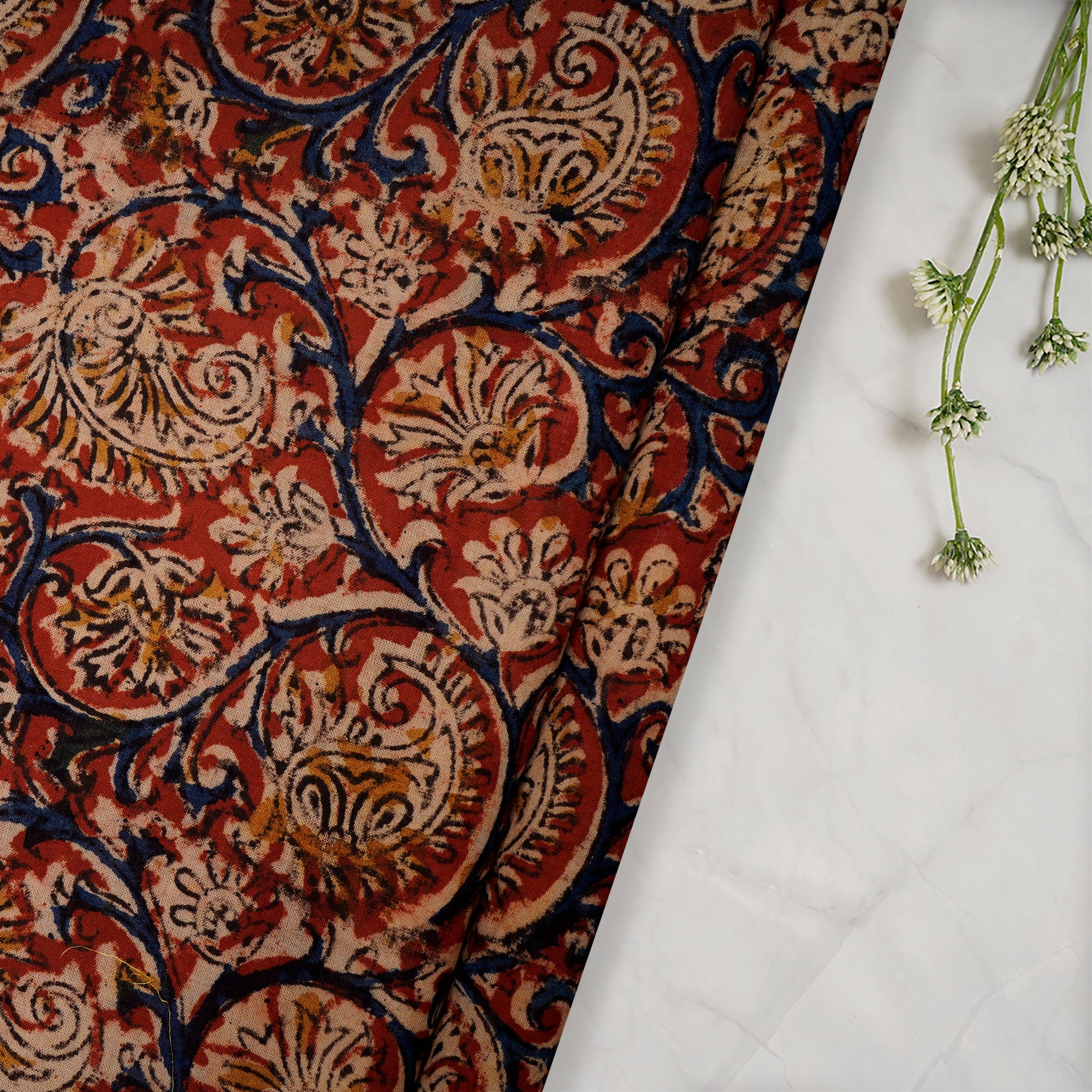 (Pre Cut 1 Mtr )Multi Abstract Pattern Hand Block Kalamkari Printed Cotton Fabric