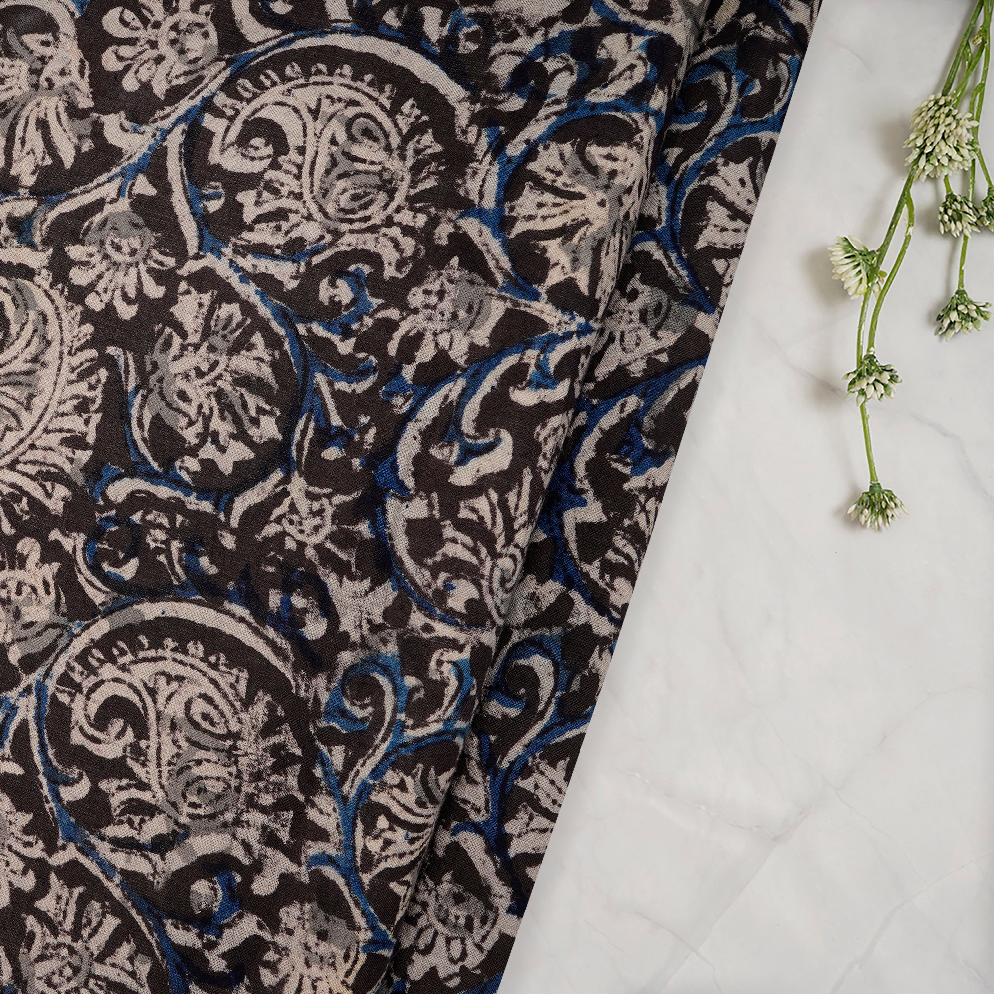 (Pre-Cut 1.00 Mtr)Multi Paisley Pattern Hand Block Kalamkari Printed Cotton Fabric