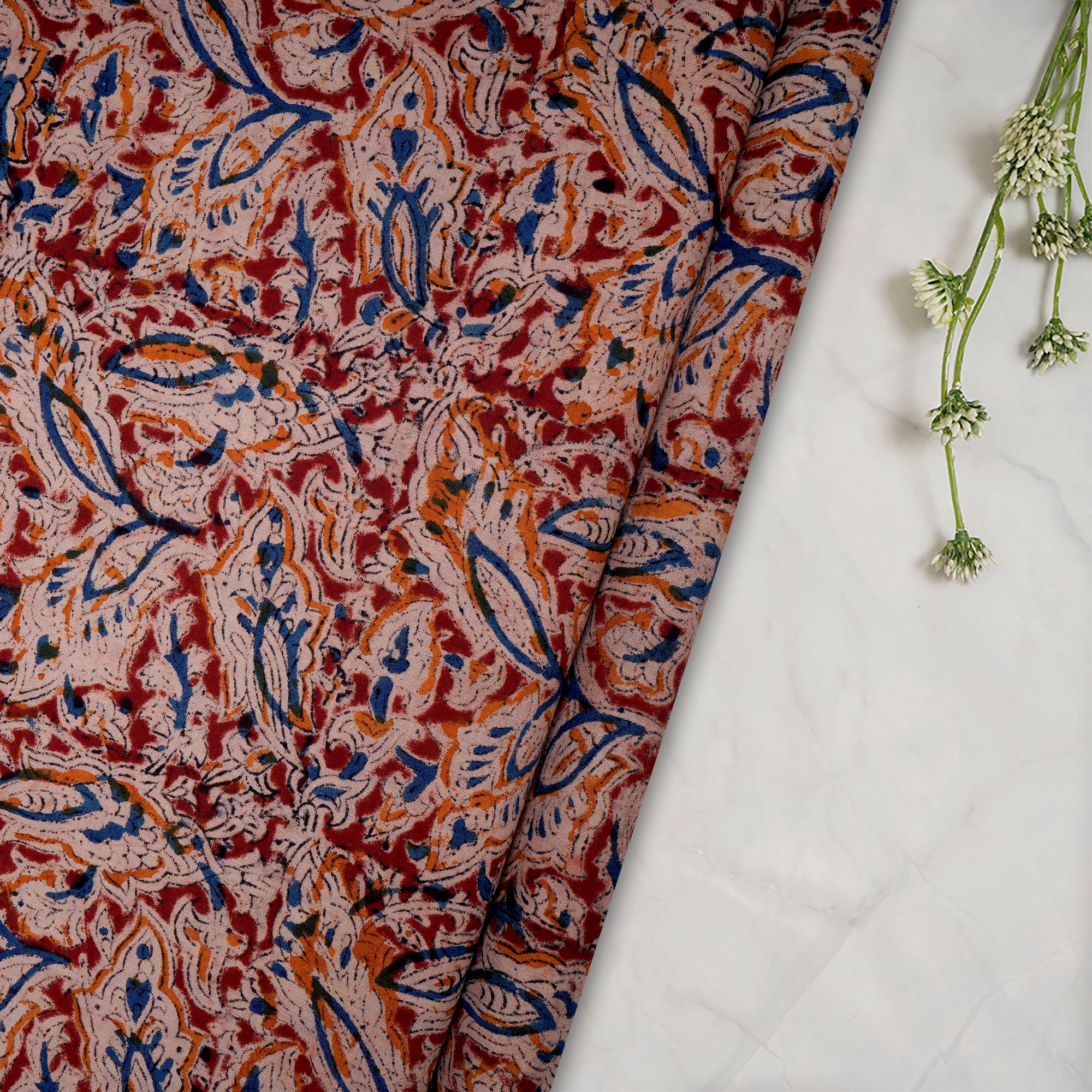 (Pre-Cut 1.00 Mtr)Multi Color Floral Pattern Hand Block Kalamkari Printed Cotton Fabric