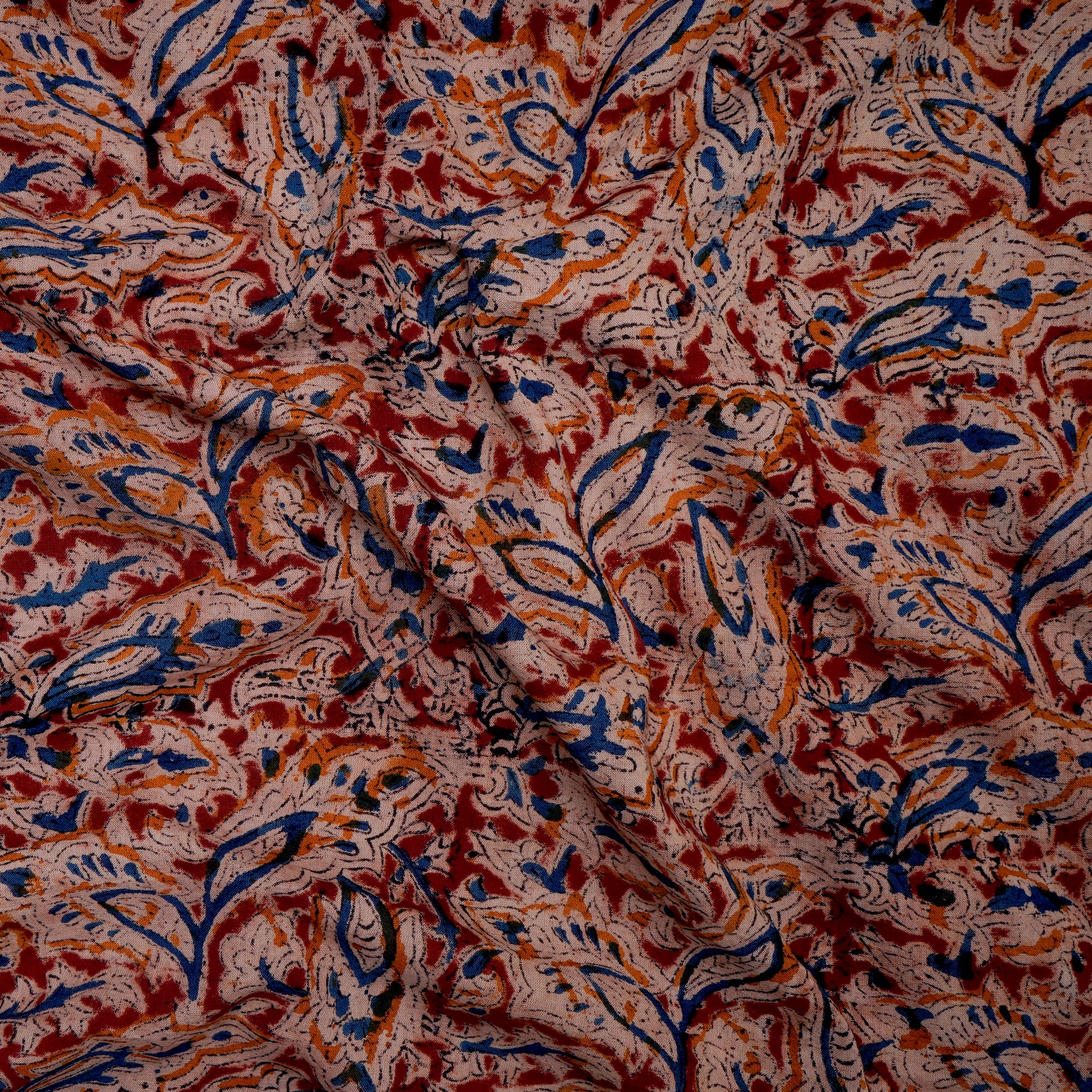 (Pre-Cut 1.00 Mtr)Multi Color Floral Pattern Hand Block Kalamkari Printed Cotton Fabric