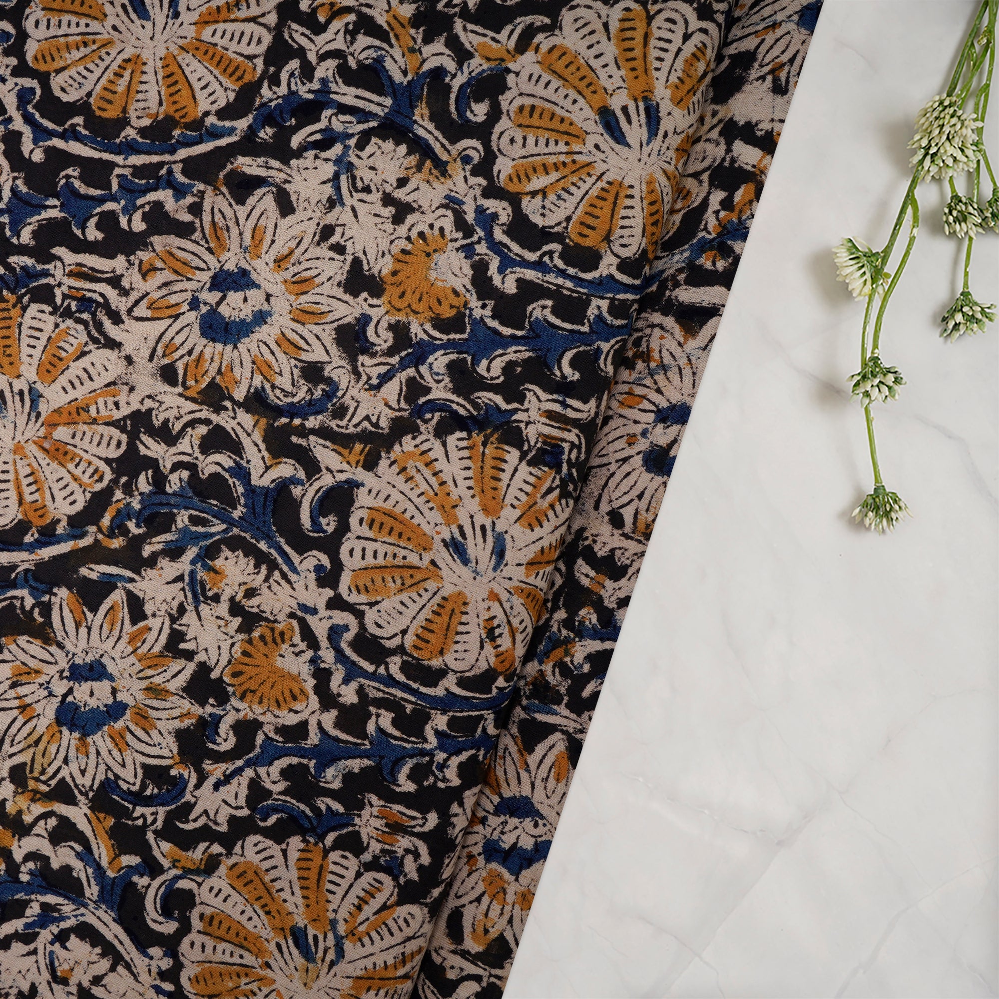 (Pre-Cut 1.00Mtr)Multi Floral Pattern Hand Block Kalamkari Printed Cotton Fabric