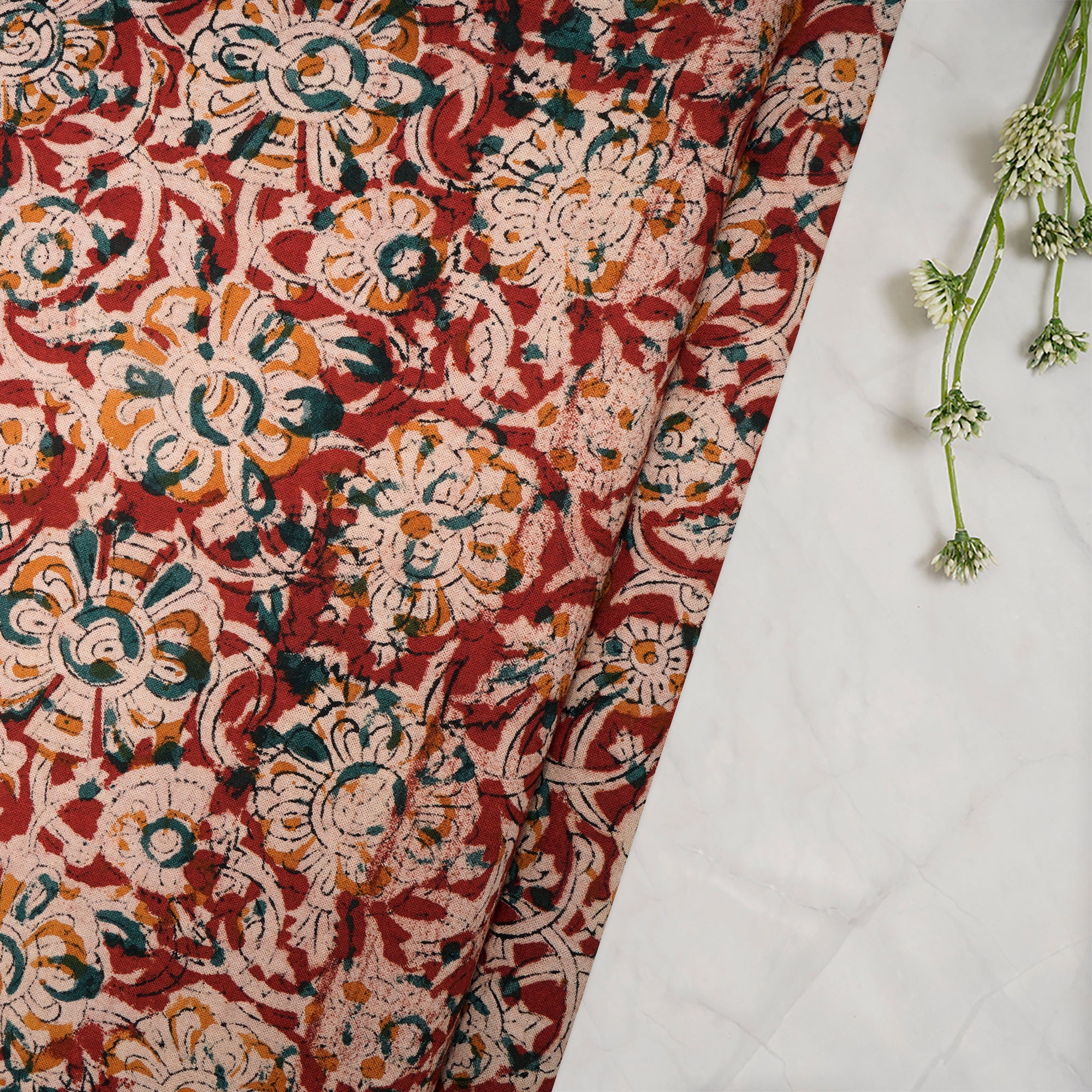 (Pre-Cut 1.00Mtr)Multi Color Floral Pattern Hand Block Kalamkari Printed Cotton Fabric