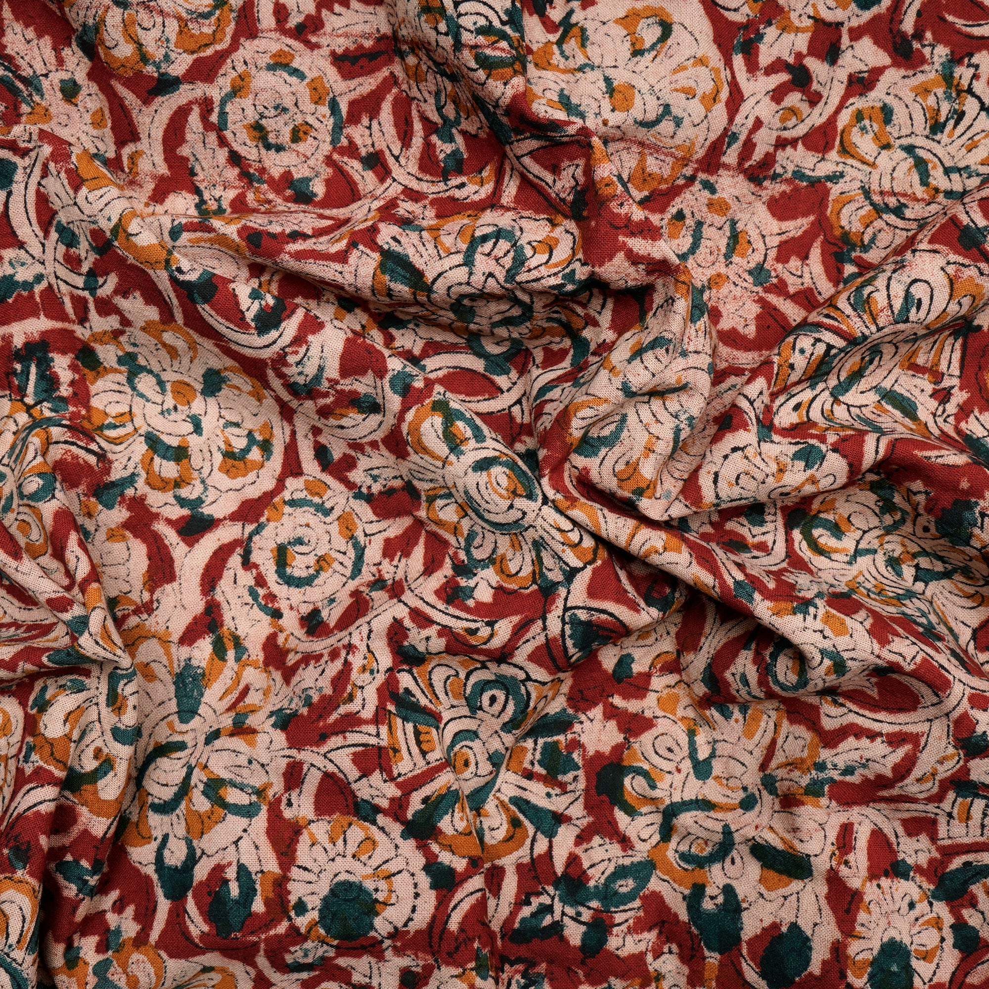 (Pre-Cut 1.00Mtr)Multi Color Floral Pattern Hand Block Kalamkari Printed Cotton Fabric