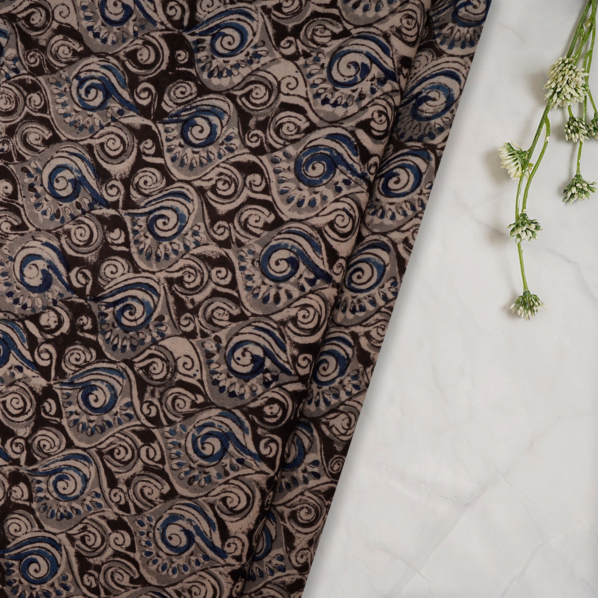 (Pre-Cut 1.35 Mtr)Multi Geometric Pattern Hand Block Kalamkari Printed Cotton Fabric