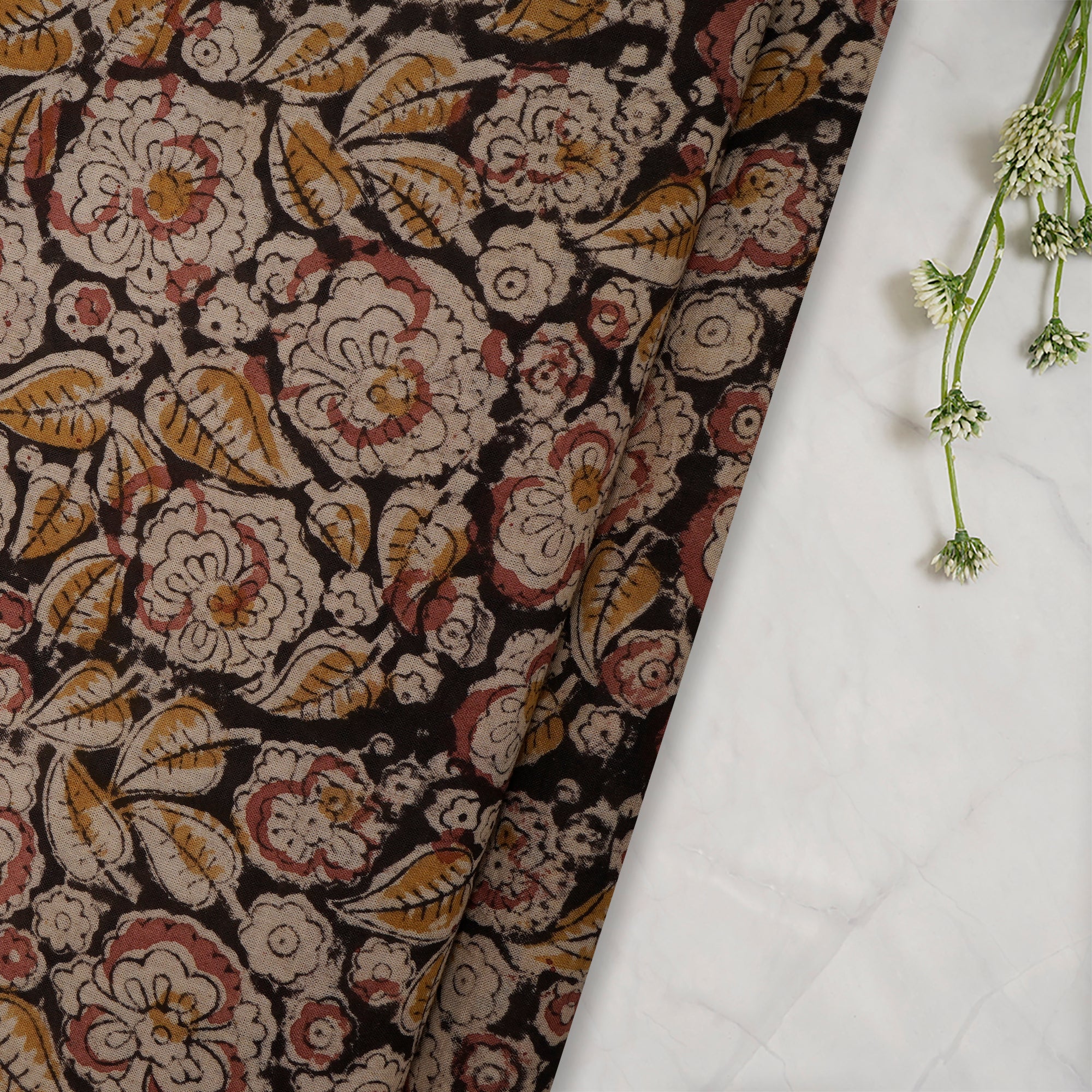 (Pre-Cut 1.50 Mtr)Multi Floral Pattern Hand Block Kalamkari Printed Cotton Fabric