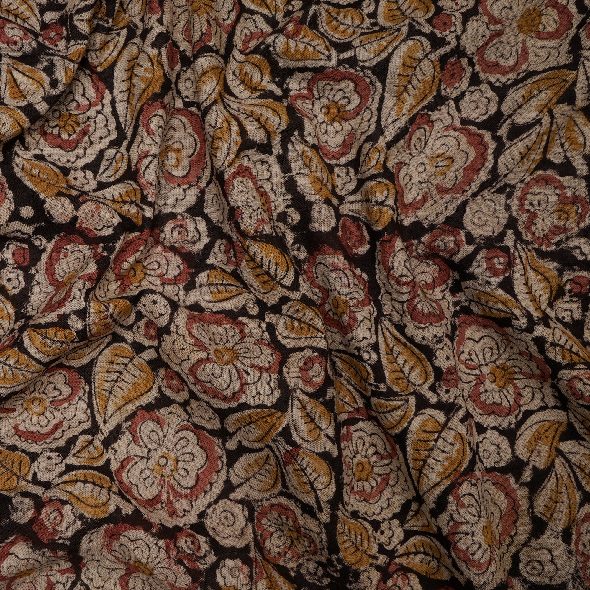 (Pre-Cut 1.50 Mtr)Multi Floral Pattern Hand Block Kalamkari Printed Cotton Fabric