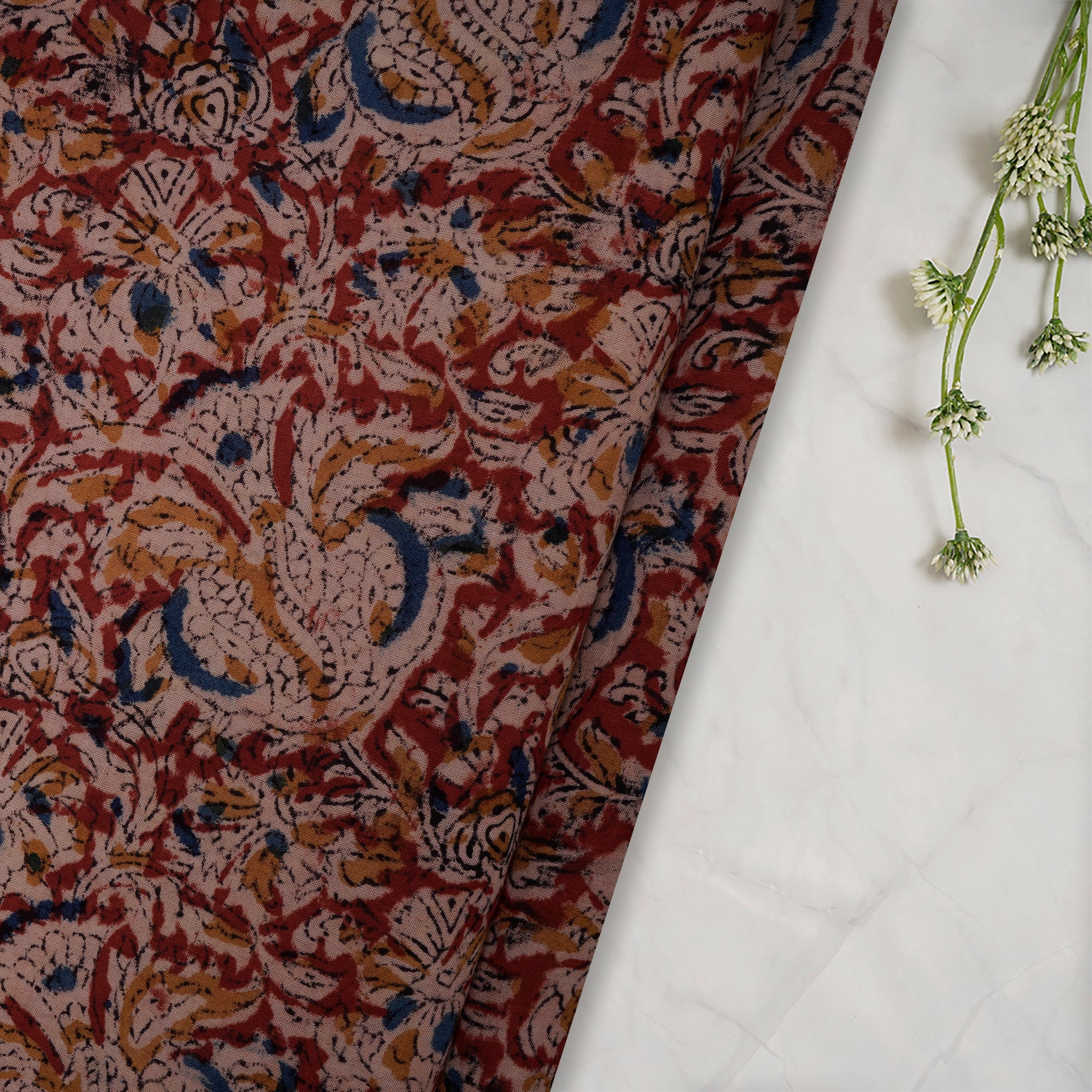 (Pre-Cut 1.80 Mtr)Multi Floral Pattern Hand Block Kalamkari Printed Cotton Fabric