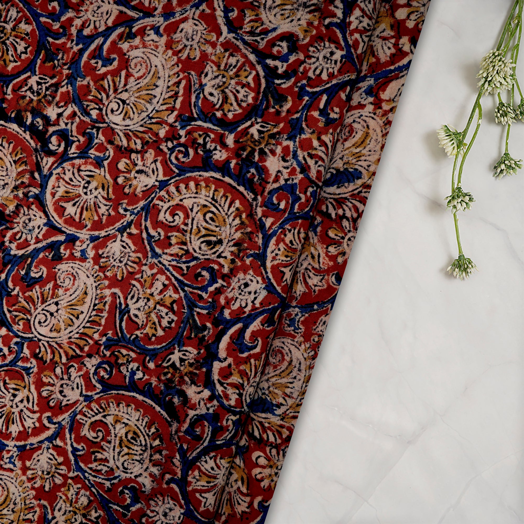 (Pre-Cut 1.90 Mtr)Multi Abstract Pattern Hand Block Kalamkari Printed Cotton Fabric