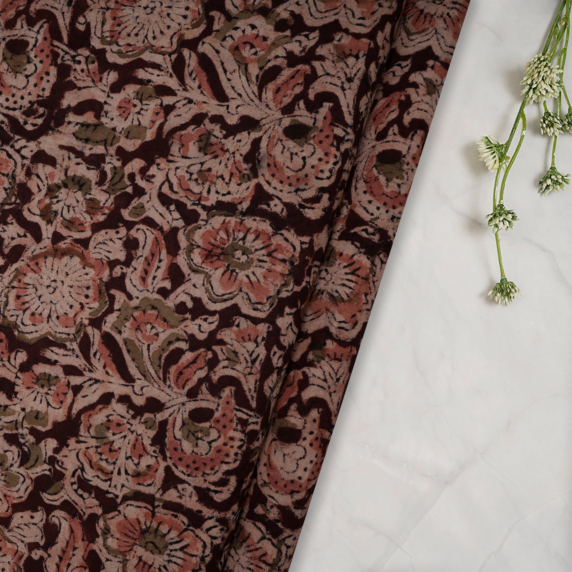 (Pre-Cut 1.90 Mtr)Multi Floral Pattern Hand Block Kalamkari Printed Cotton Fabric