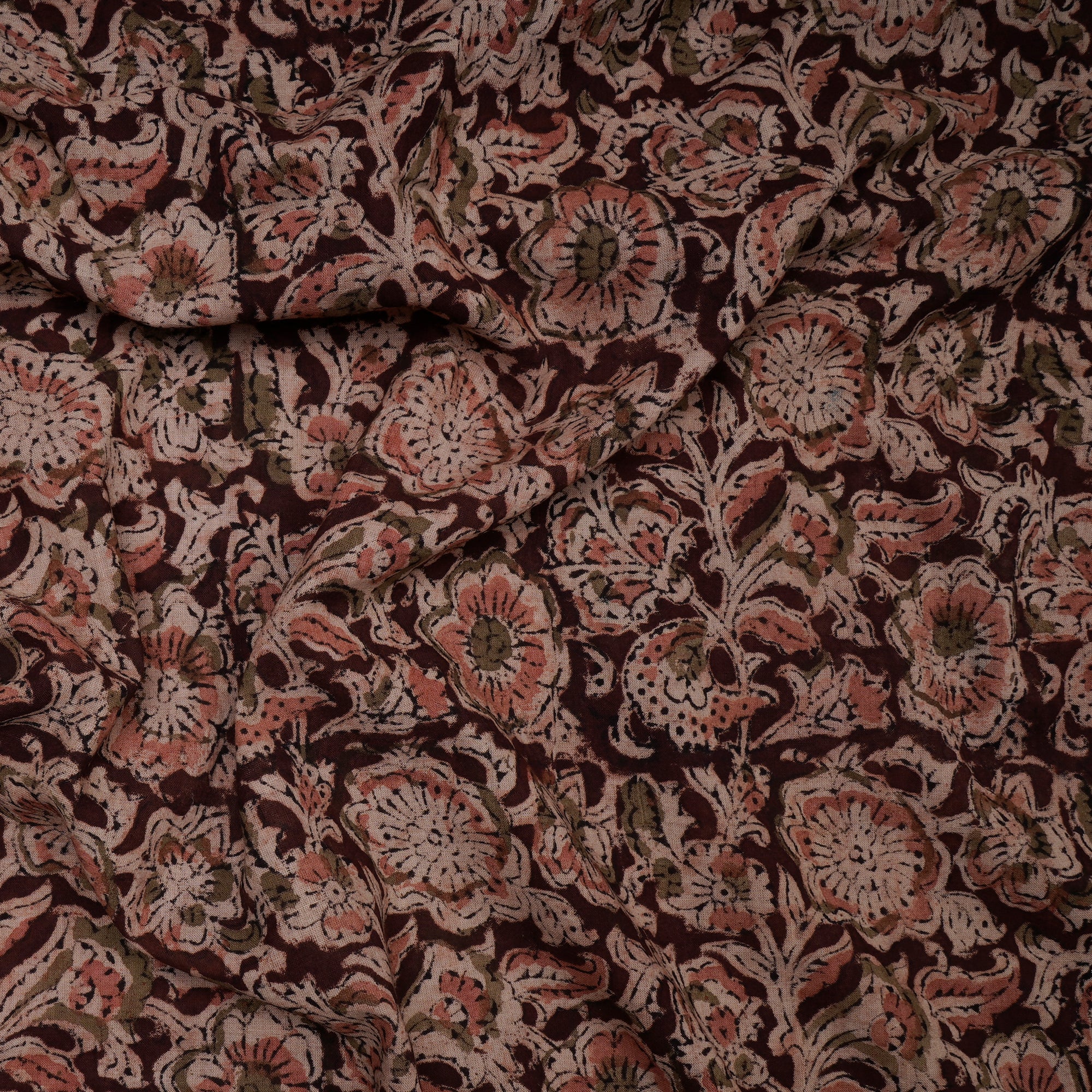 (Pre-Cut 1.90 Mtr)Multi Floral Pattern Hand Block Kalamkari Printed Cotton Fabric