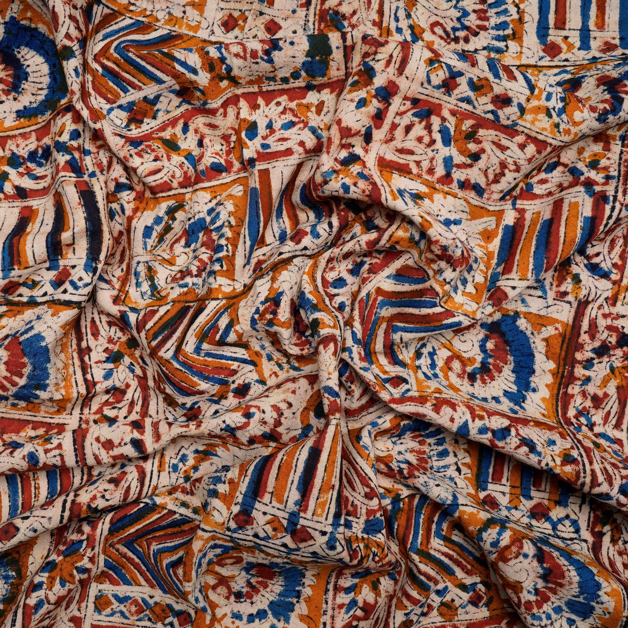 (Pre-Cut 1.90Mtr)Multi Color Traditional Pattern Hand Block Kalamkari Printed Cotton Fabric