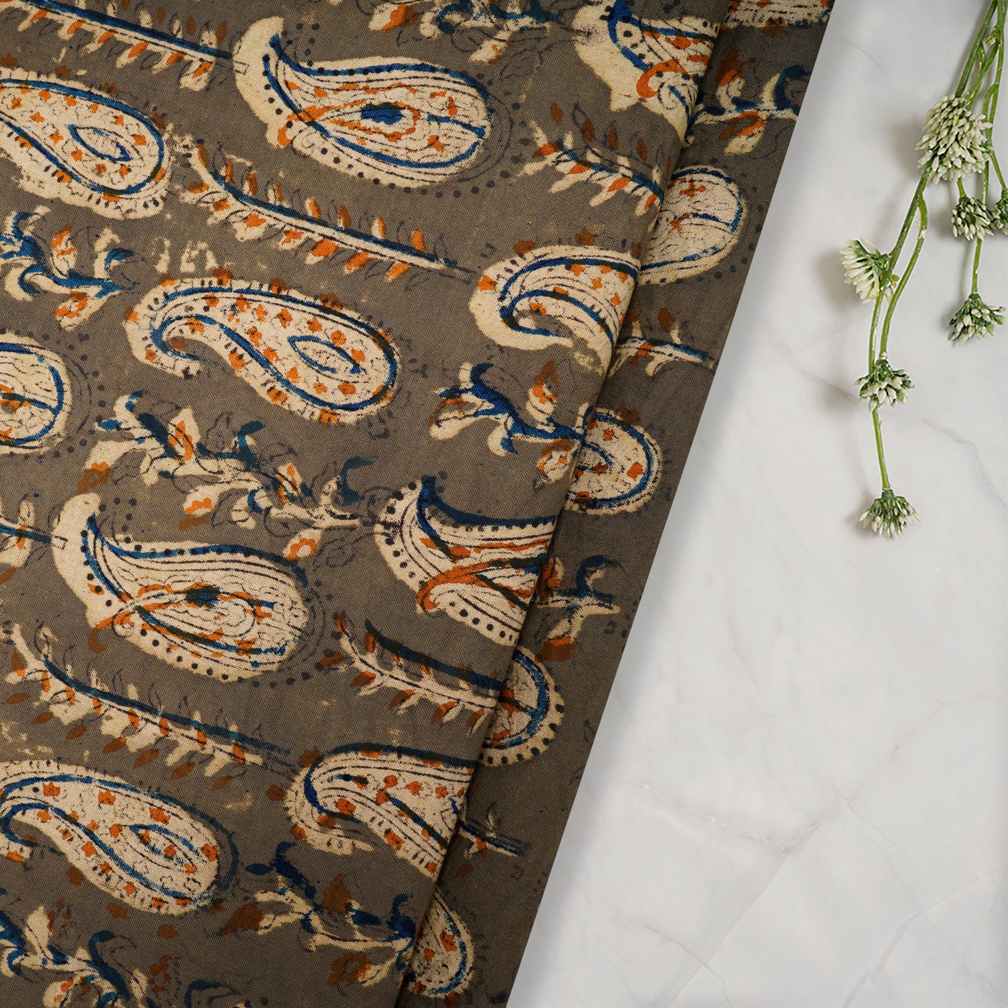 (Pre-Cut 2.00 Mtr)Multi Color Paisley Pattern Hand Block Kalamkari Printed Cotton Fabric