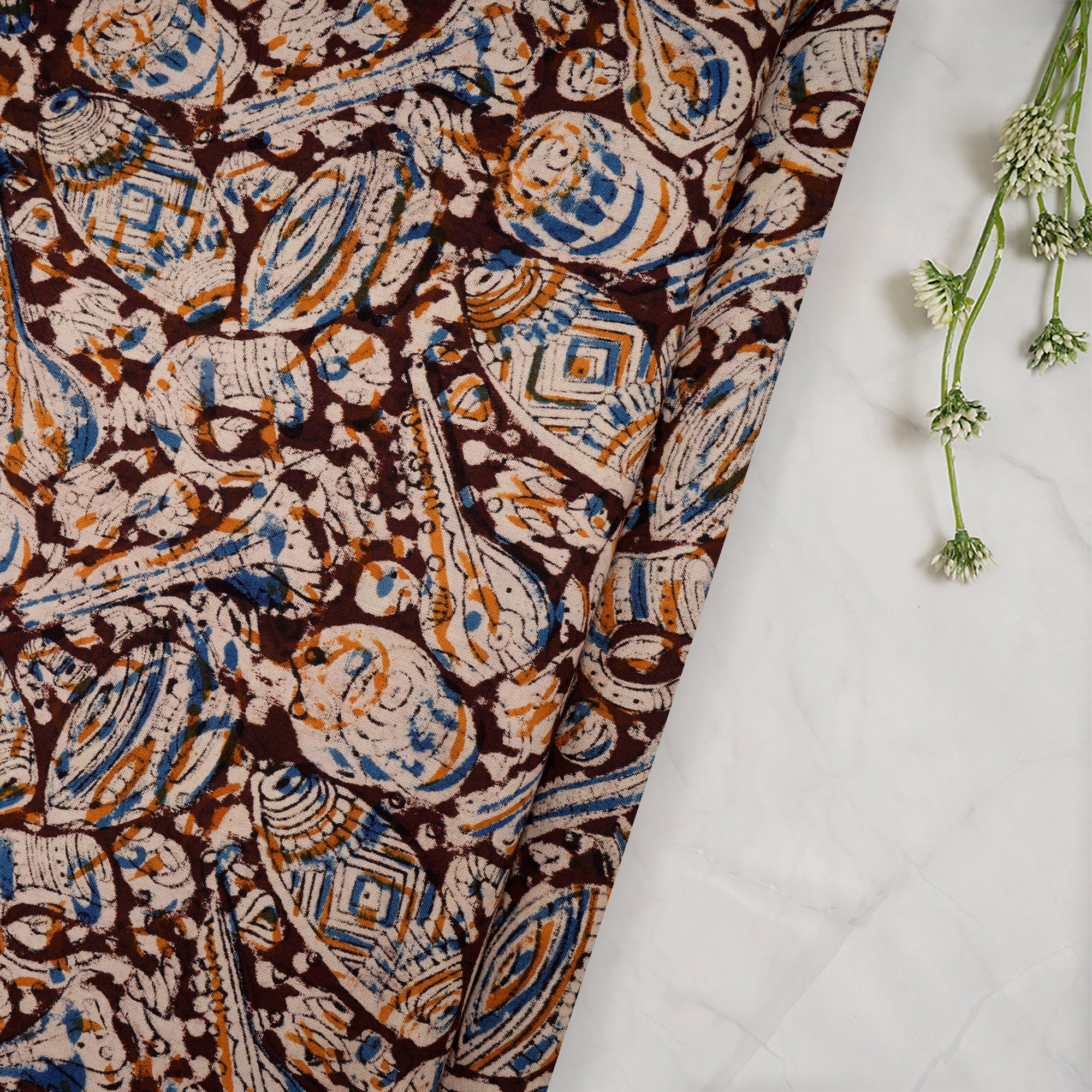 (Pre-Cut 2.30Mtr)Multi Color Traditional Pattern Hand Block Kalamkari Printed Cotton Fabric