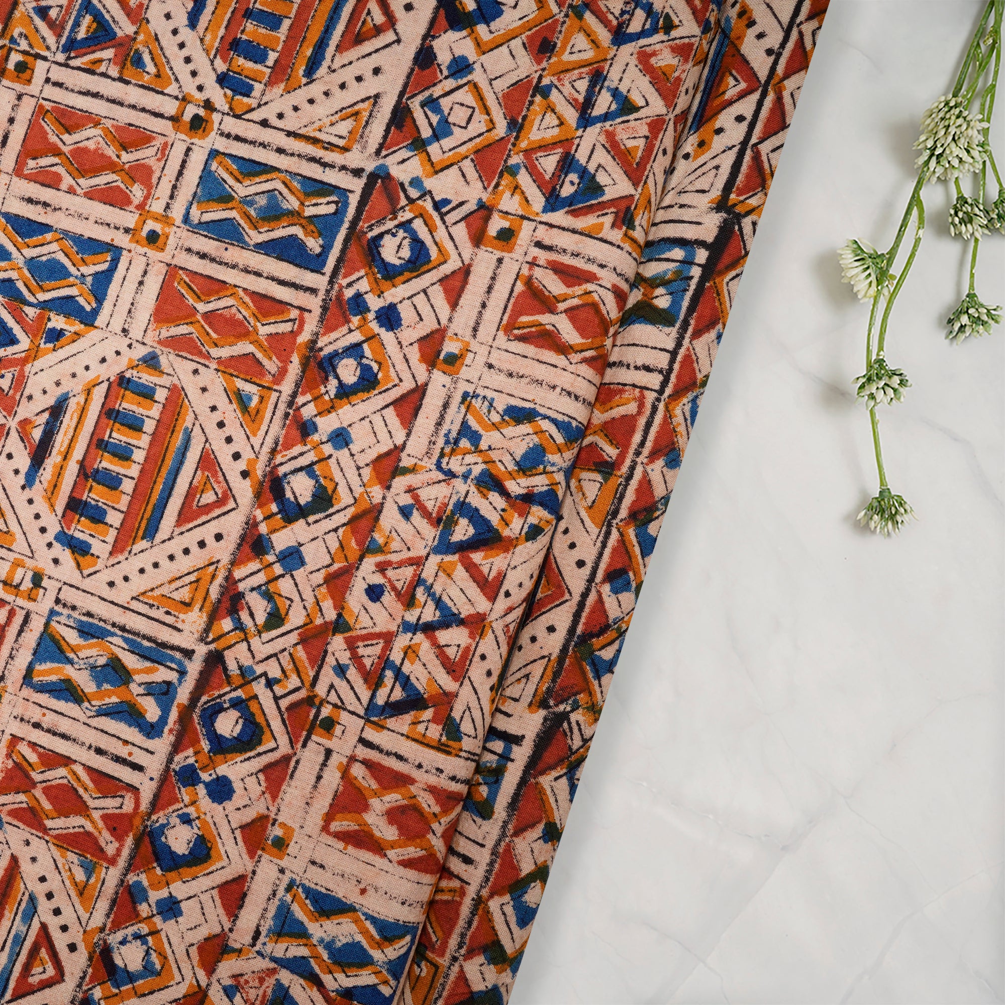 (Pre-Cut 2.60 Mtr)Multi Color Geometric Pattern Hand Block Kalamkari Printed Cotton Fabricprecuts&&2021