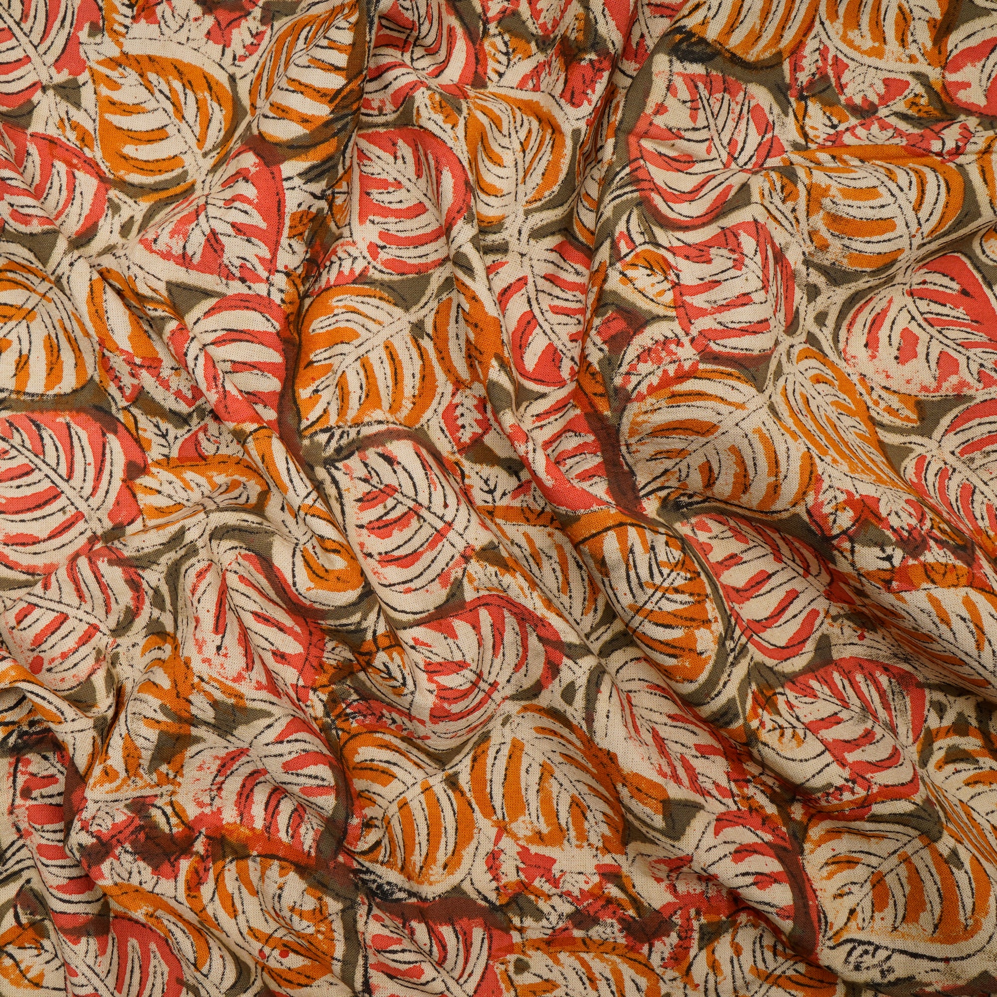 (Pre-Cut 3.00 Mtr)Multi Color Leaf Pattern Hand Block Kalamkari Printed Cotton Fabricprecuts&&2027