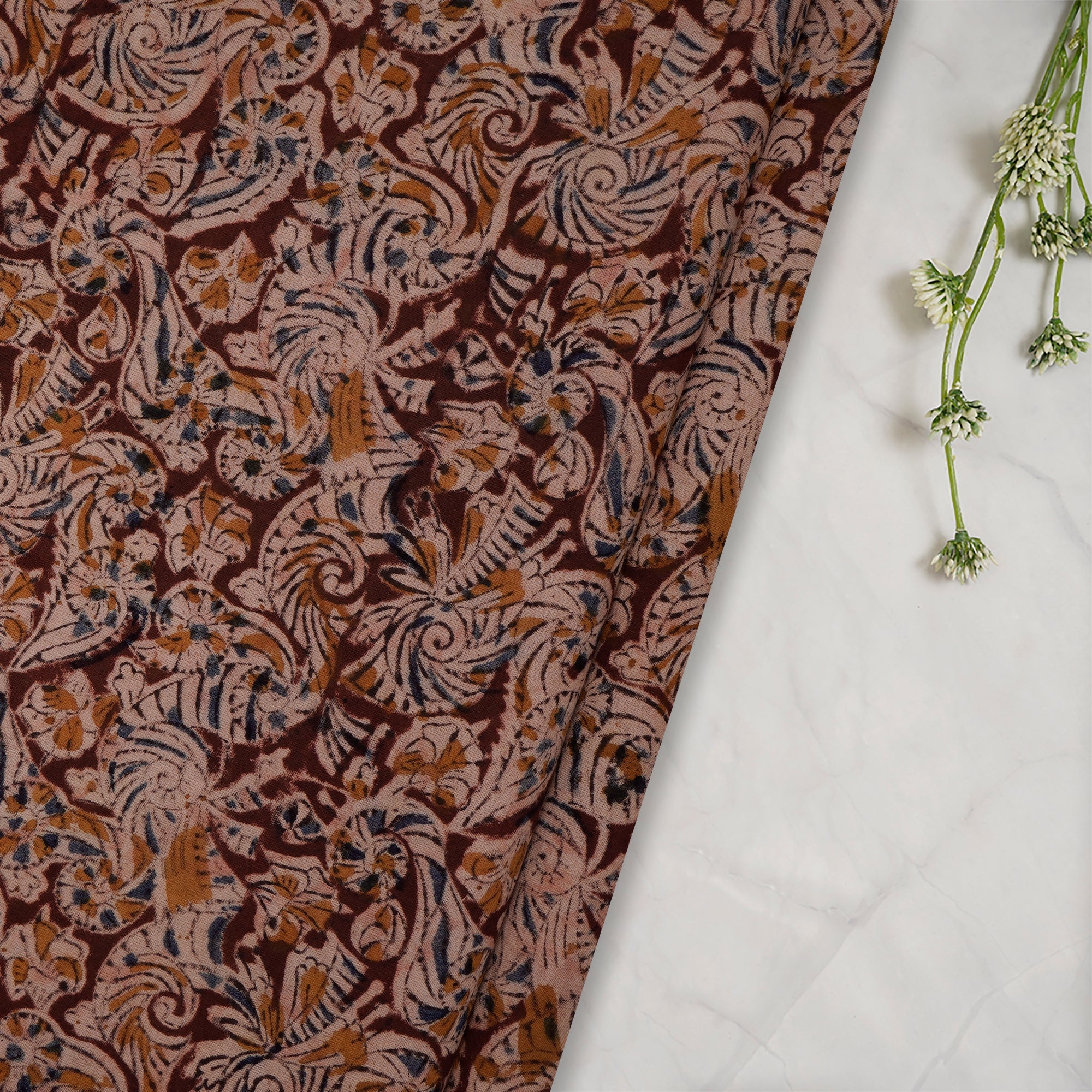 (Pre-Cut 3.50 Mtr)Multi Color Abstract Pattern Hand Block Kalamkari Printed Cotton Fabric