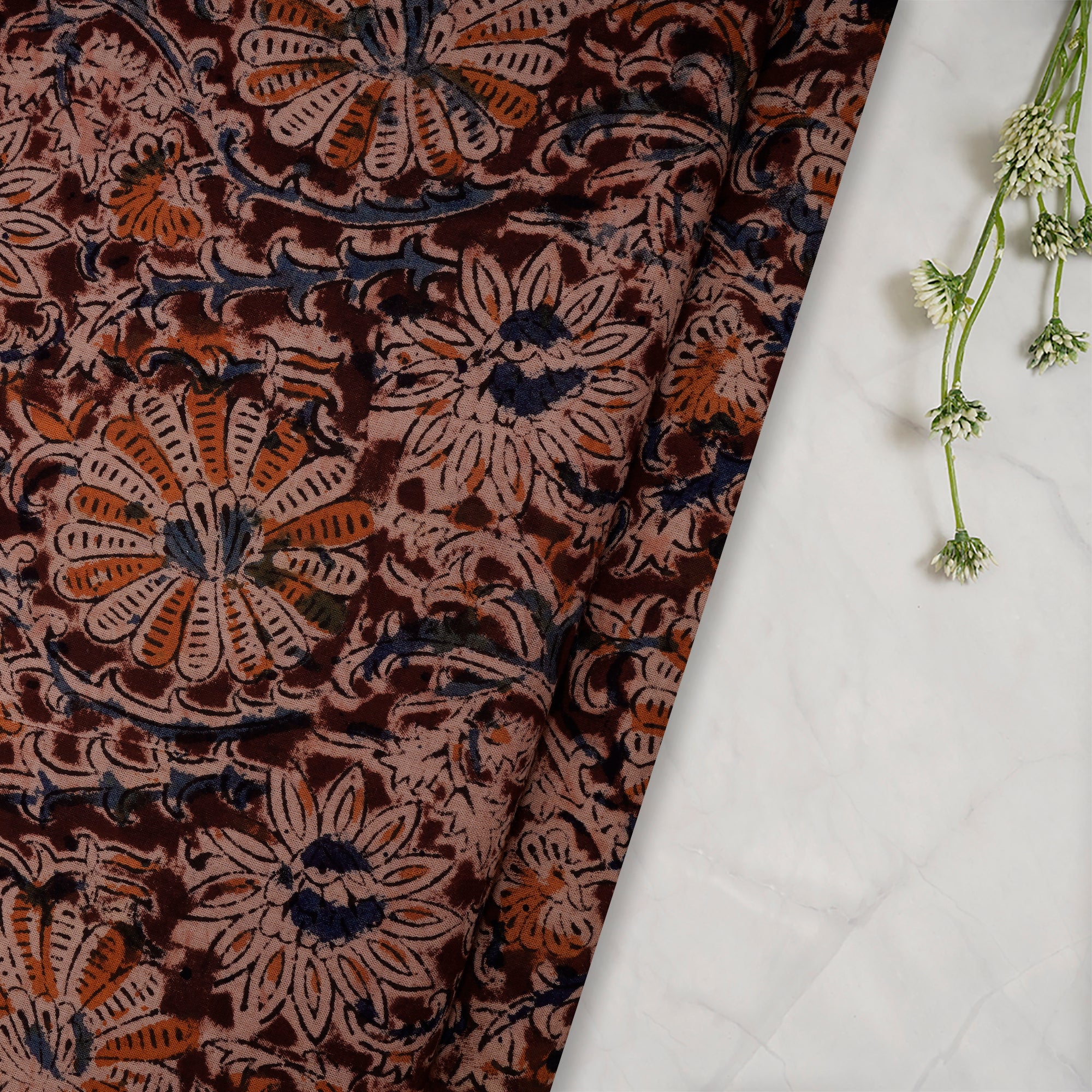 (Pre-Cut 4.00 Mtr)Multi Floral Pattern Hand Block Kalamkari Printed Cotton Fabricprecuts&&2022