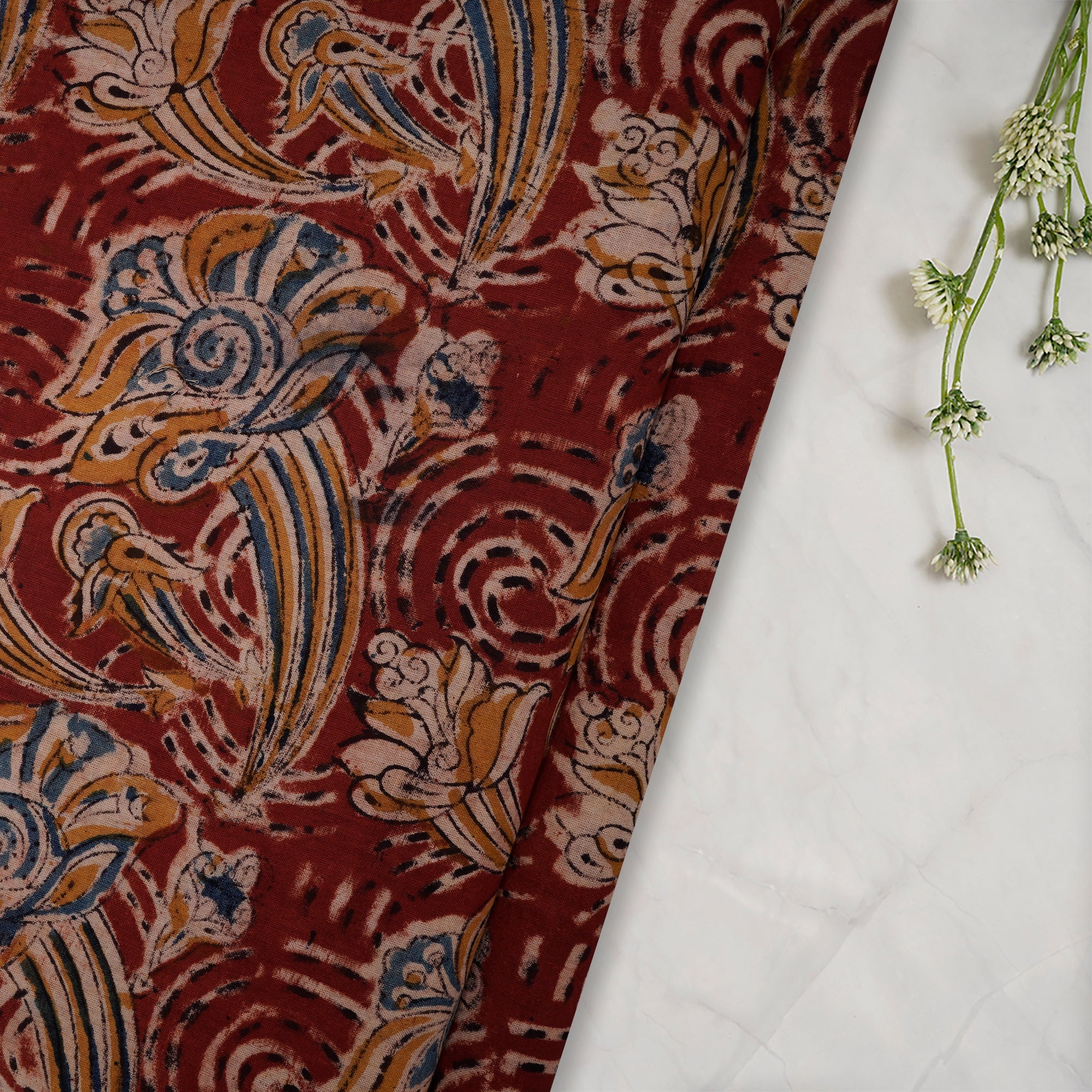 (Pre-Cut 4.10 Mtr)Multi Floral Pattern Hand Block Kalamkari Printed Cotton Fabricprecuts&&2026