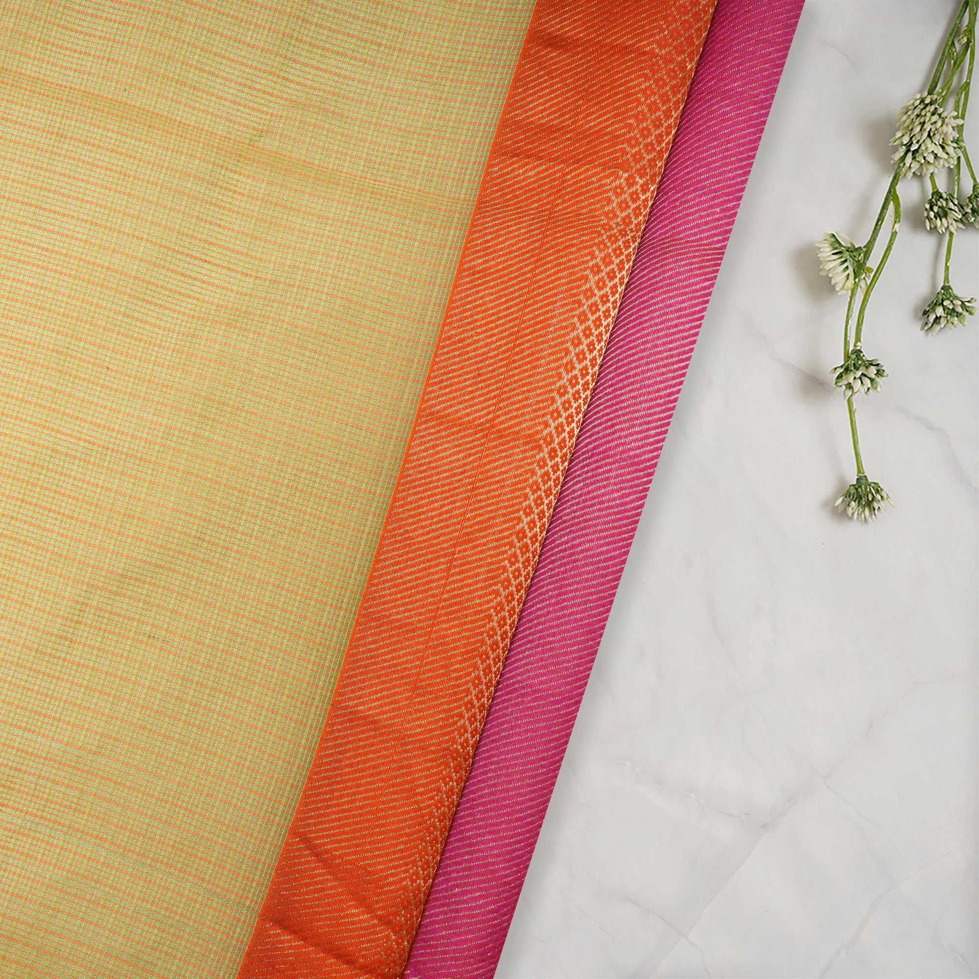 (Pre Cut 1 Mtr )Green-Pink Color Handwoven Kota Silk Fabric with Zari Border