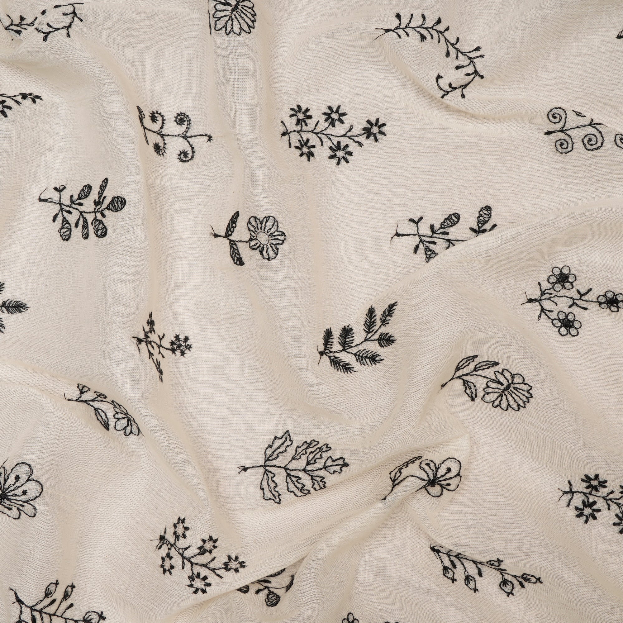 (Pre Cut 1 Mtr ) Cream-Black Color Embroidered Cotton Voile Fabric