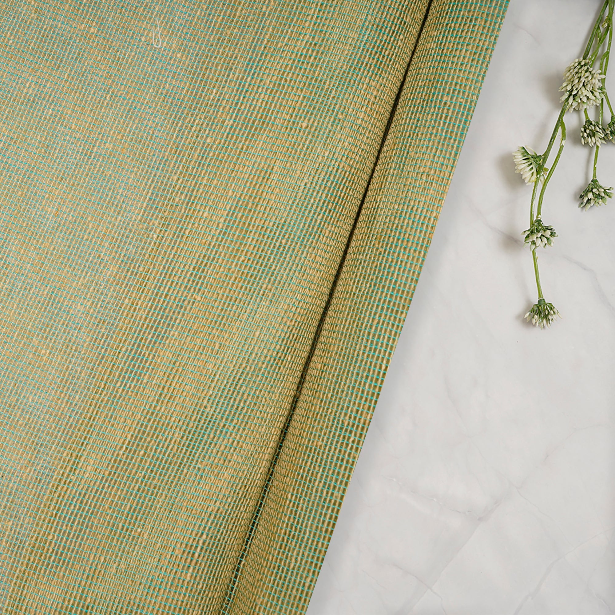 (Pre Cut 1 Mtr )Green- Yellow Banarasi Jute Fabric