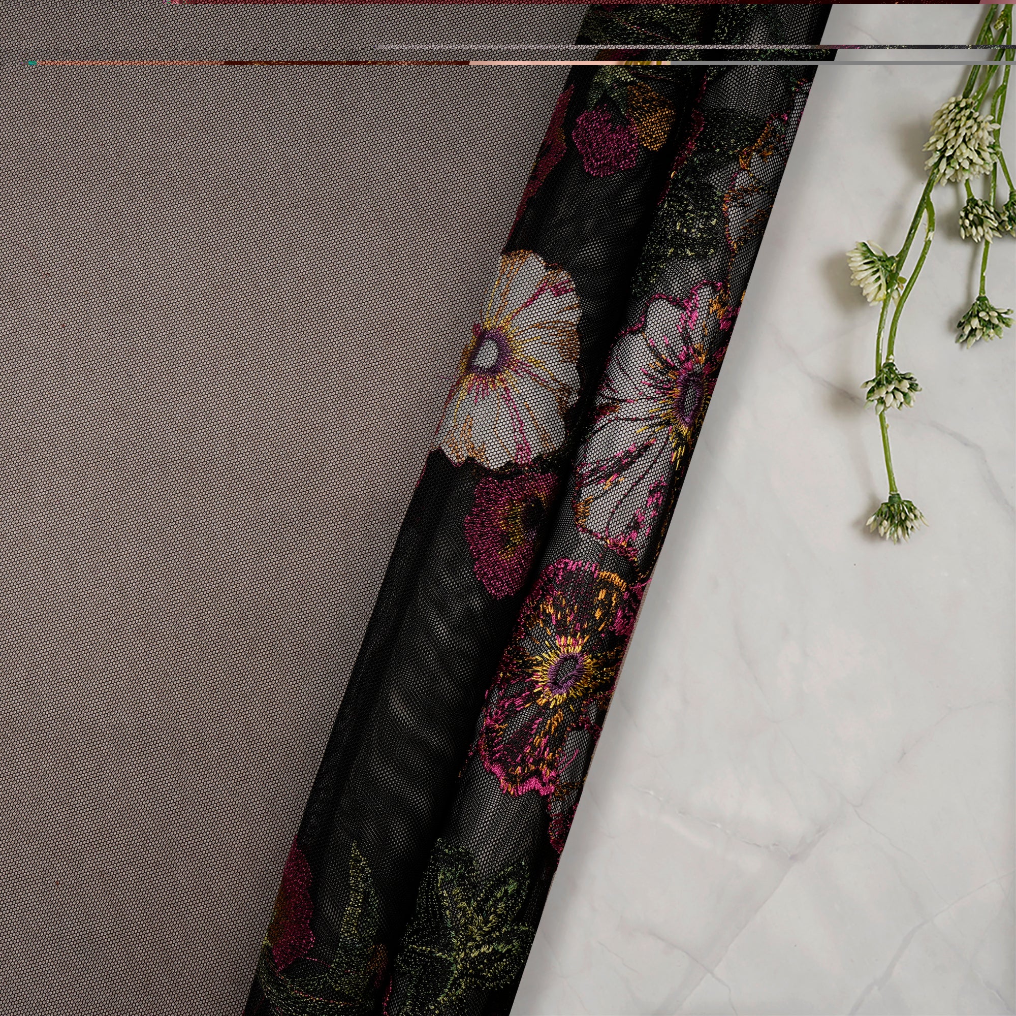 (Pre Cut 1 Mtr ) Multi Embroidered Nylon Net Fabric