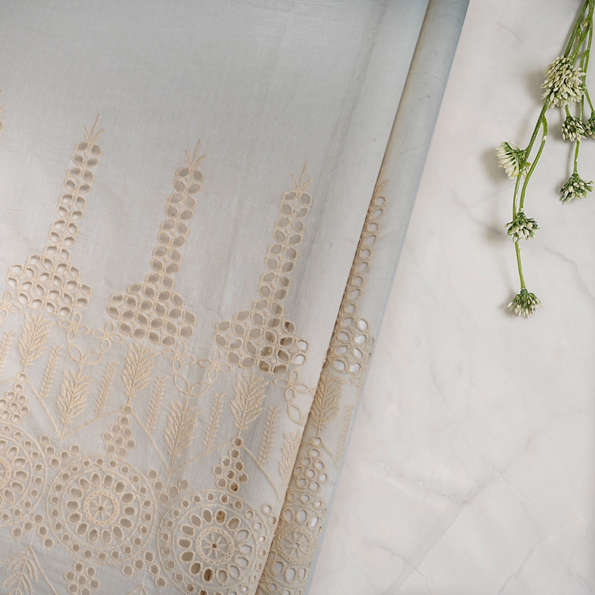 (Pre-Cut 1.00 Mtr)Off-White Schiffli Pattern Thread Embroidered Fine Chanderi Fabric