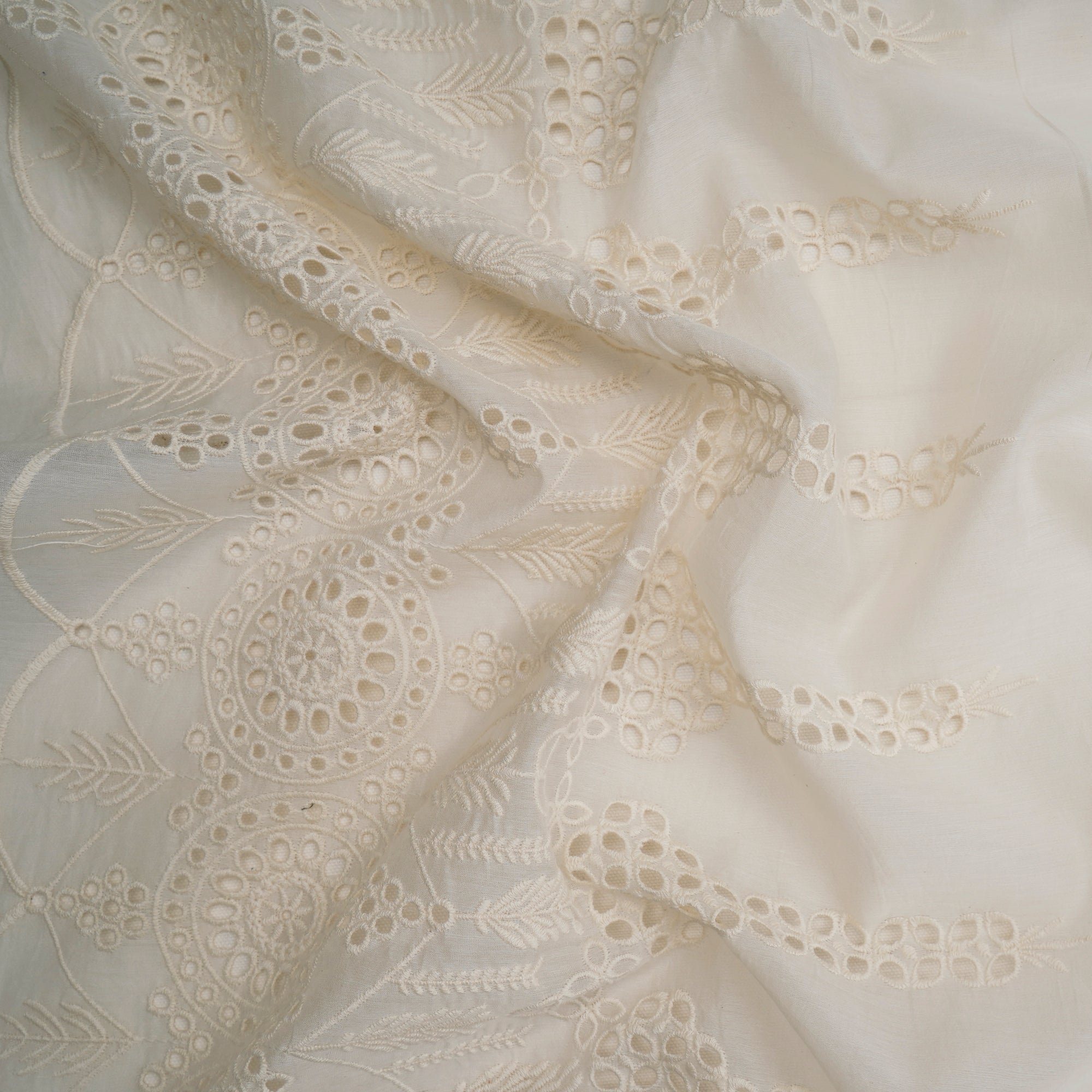 (Pre-Cut 1.00 Mtr)Off-White Schiffli Pattern Thread Embroidered Fine Chanderi Fabric