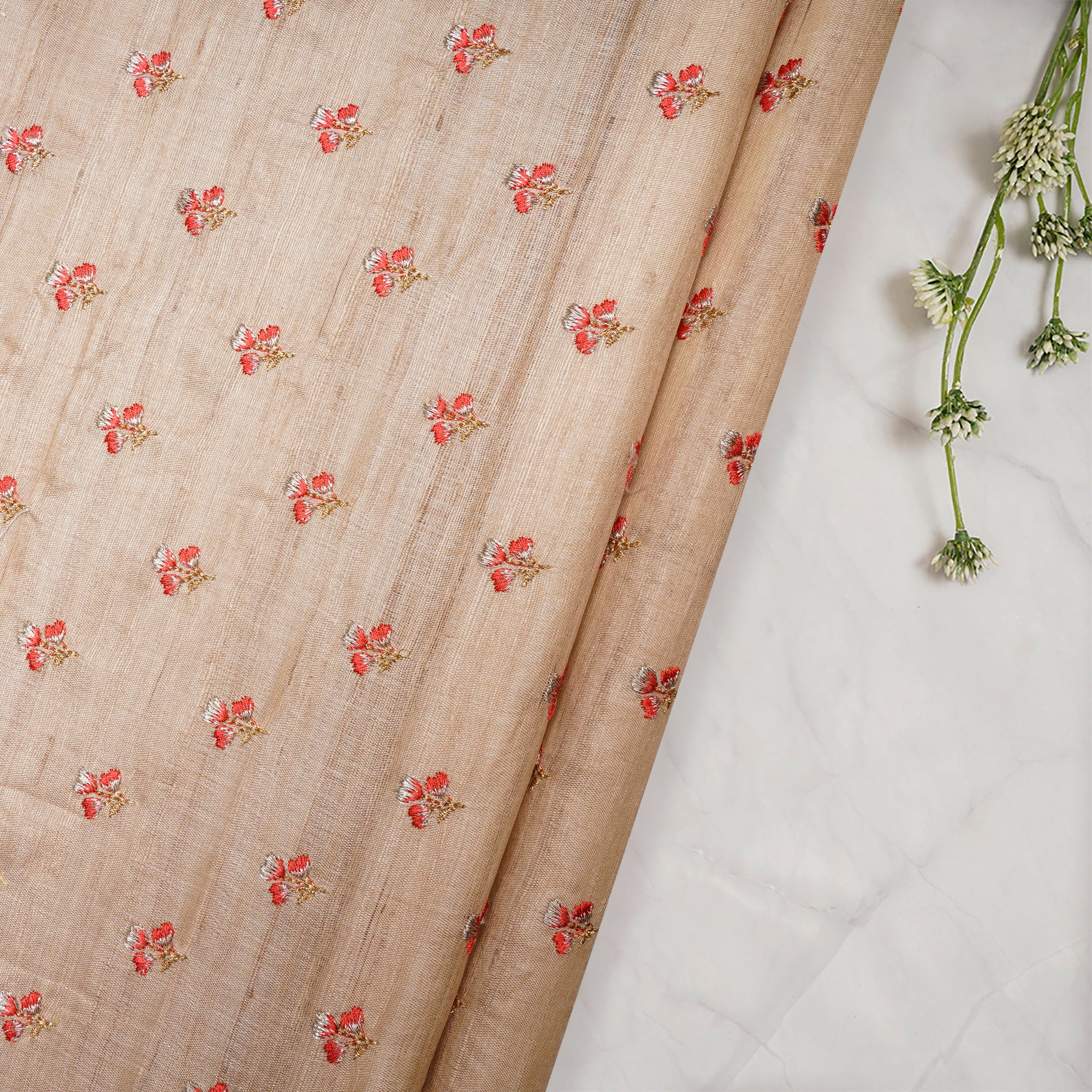 (Pre Cut 1 Mtr )Beige Color Embroidered Tussar silk Fabric