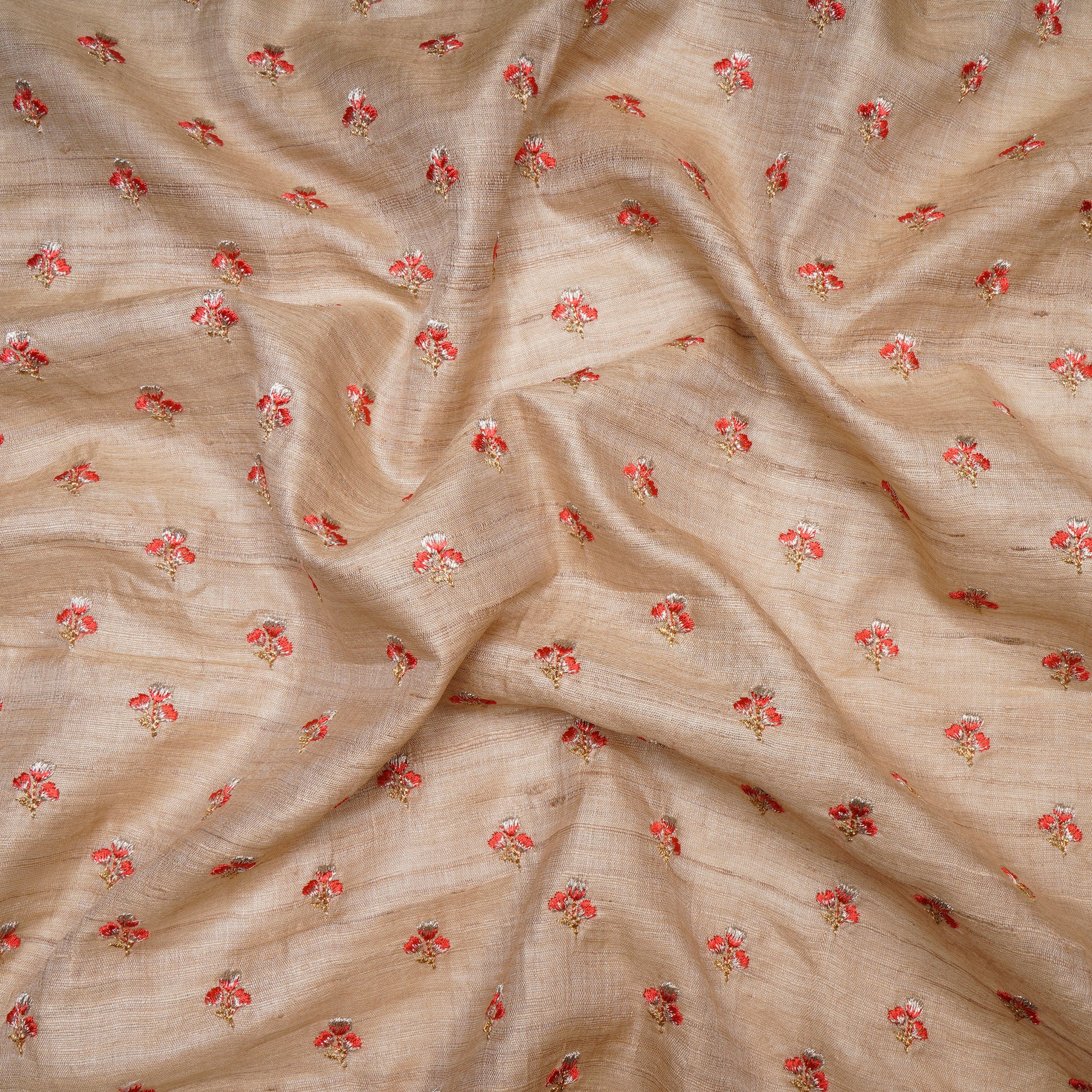 (Pre Cut 1 Mtr )Beige Color Embroidered Tussar silk Fabric