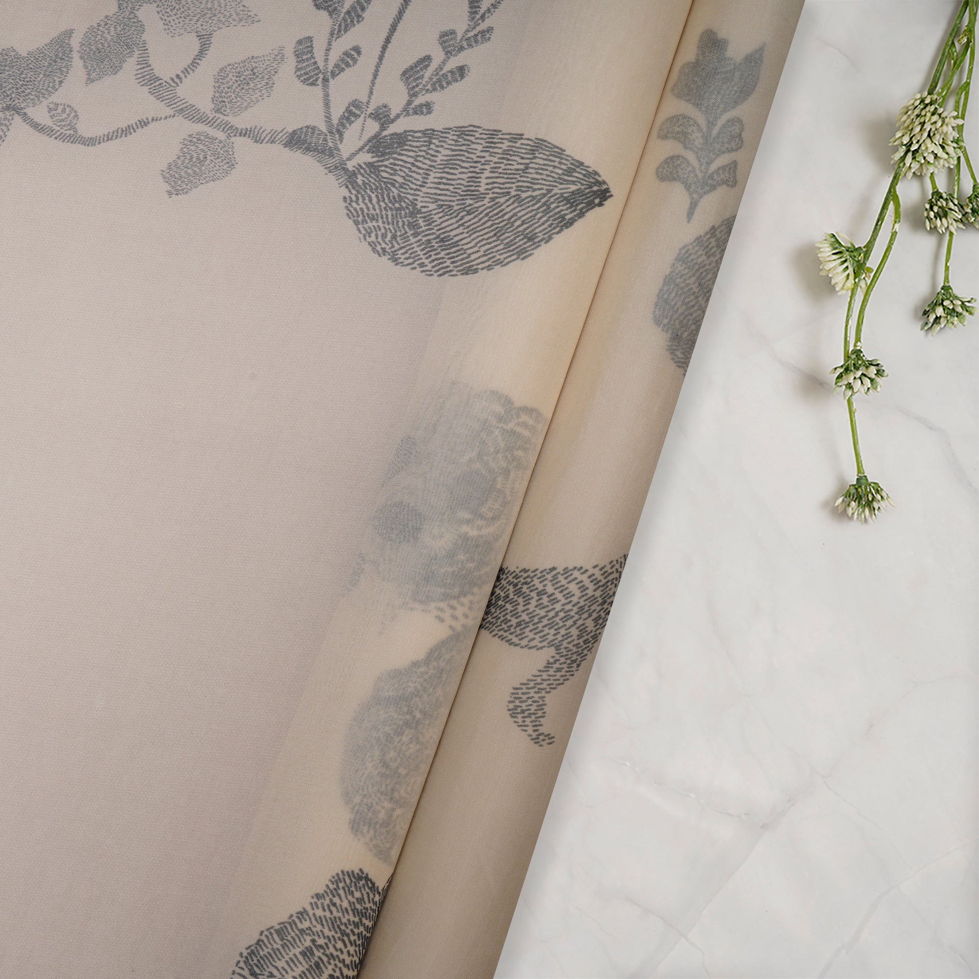 (Pre Cut 1 Mtr ) Off-White Floral Pattern Digital Print Dupion Silk Fabric