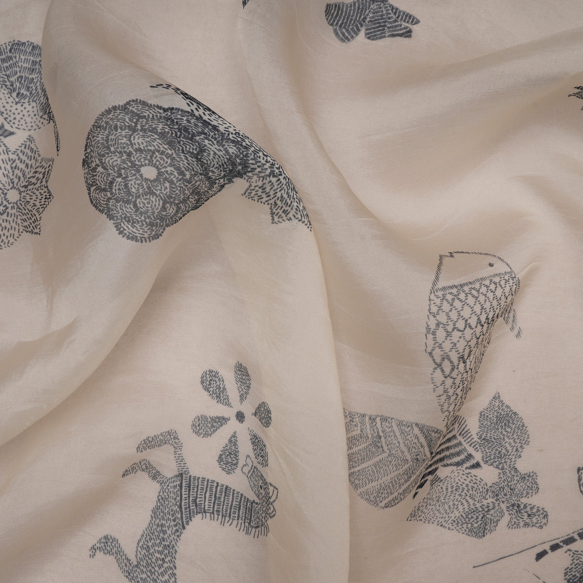 (Pre Cut 1 Mtr ) Off-White Floral Pattern Digital Print Dupion Silk Fabric