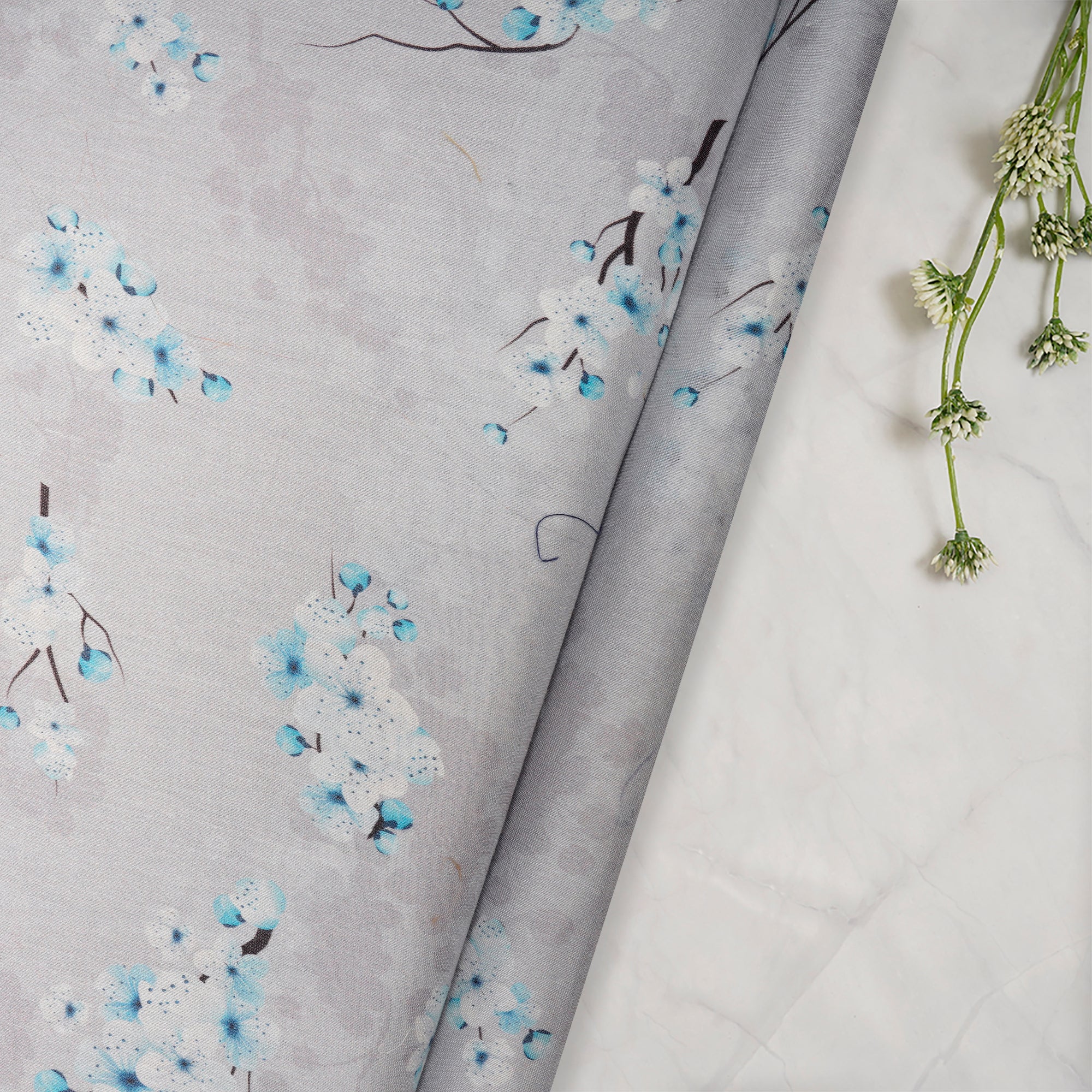 (Pre Cut 1 Mtr ) Blush Blue Color Digital Printed Pure Chanderi Fabric