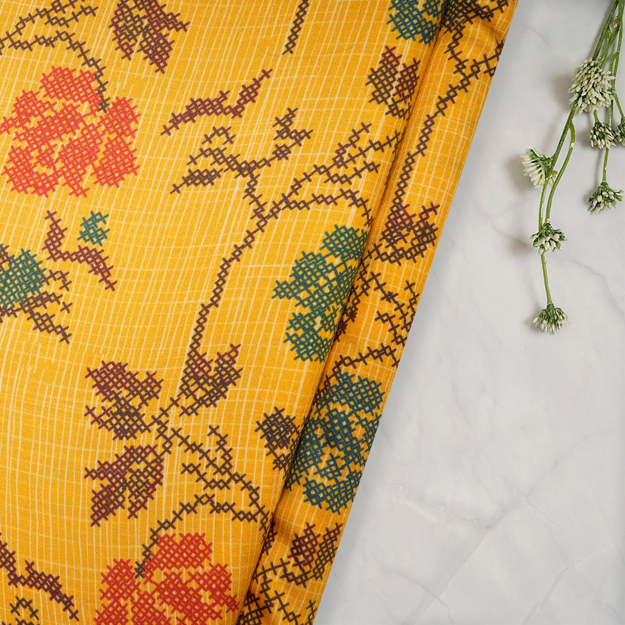 (Pre Cut 1 Mtr ) Yellow color Digital Printed Viscose Modal Satin Fabric