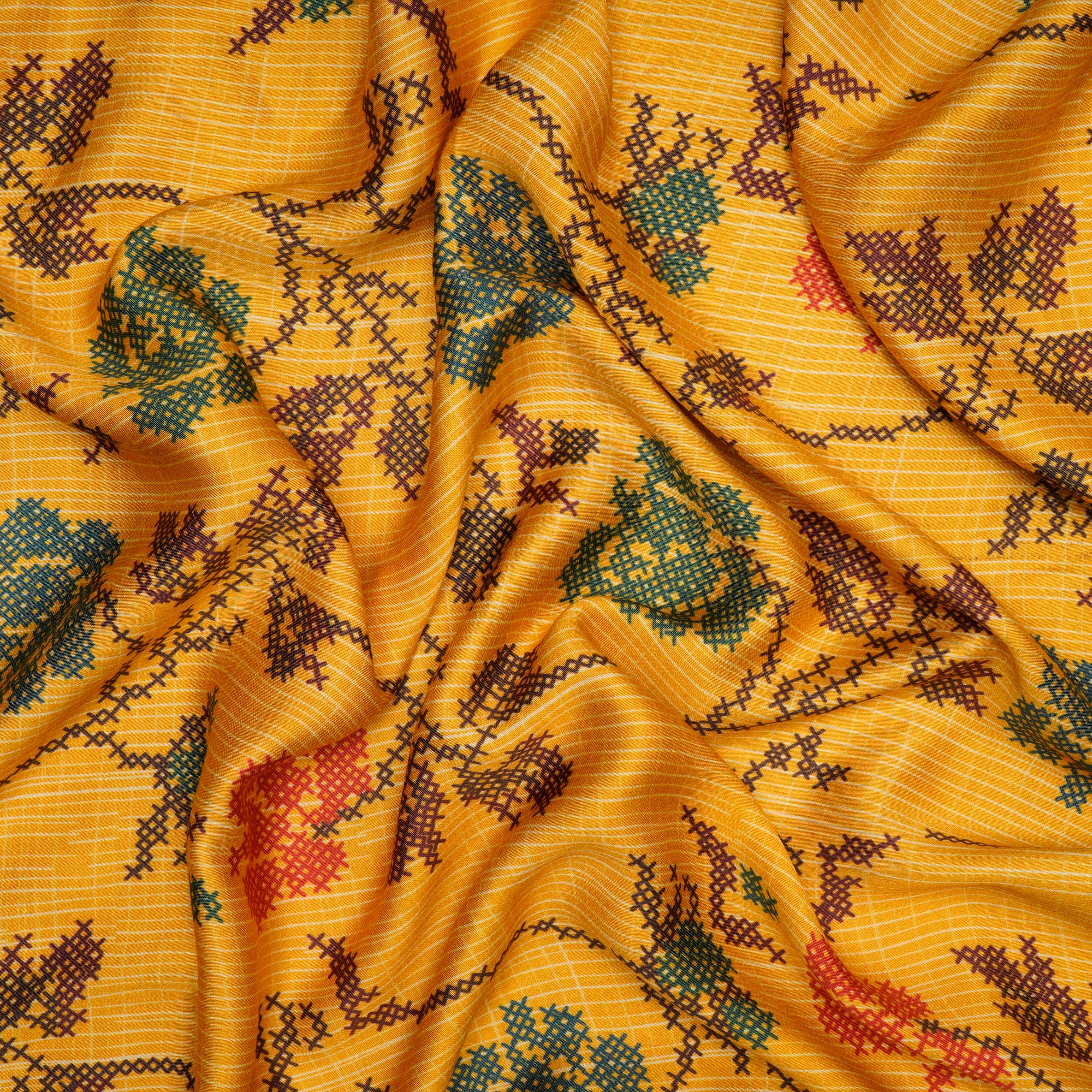 (Pre Cut 1 Mtr ) Yellow color Digital Printed Viscose Modal Satin Fabric