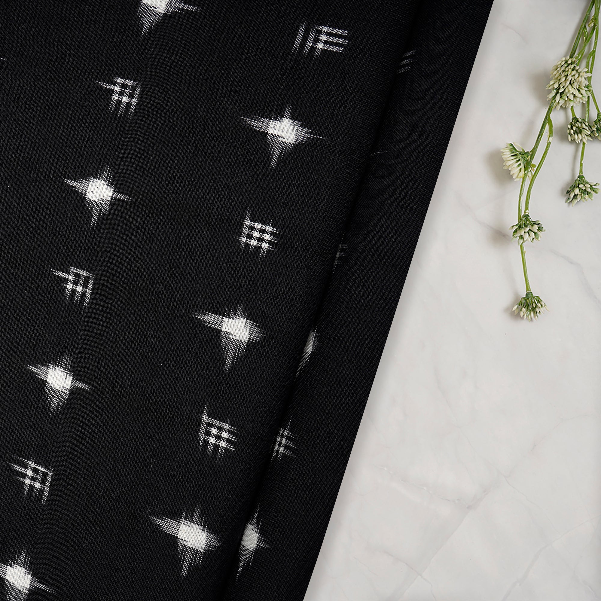 (Pre-Cut 1.50 Mtr)Black Washed Woven Double Ikat Cotton Fabric