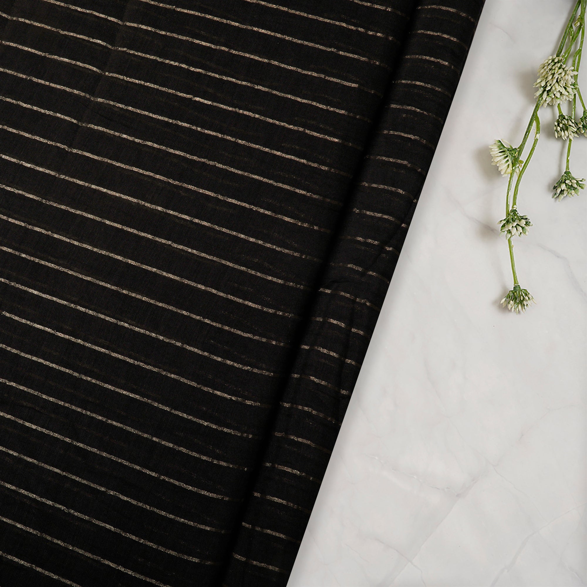 (Pre-Cut 2.90 Mtr)Black Stripe Pattern Fancy Chanderi Fabric