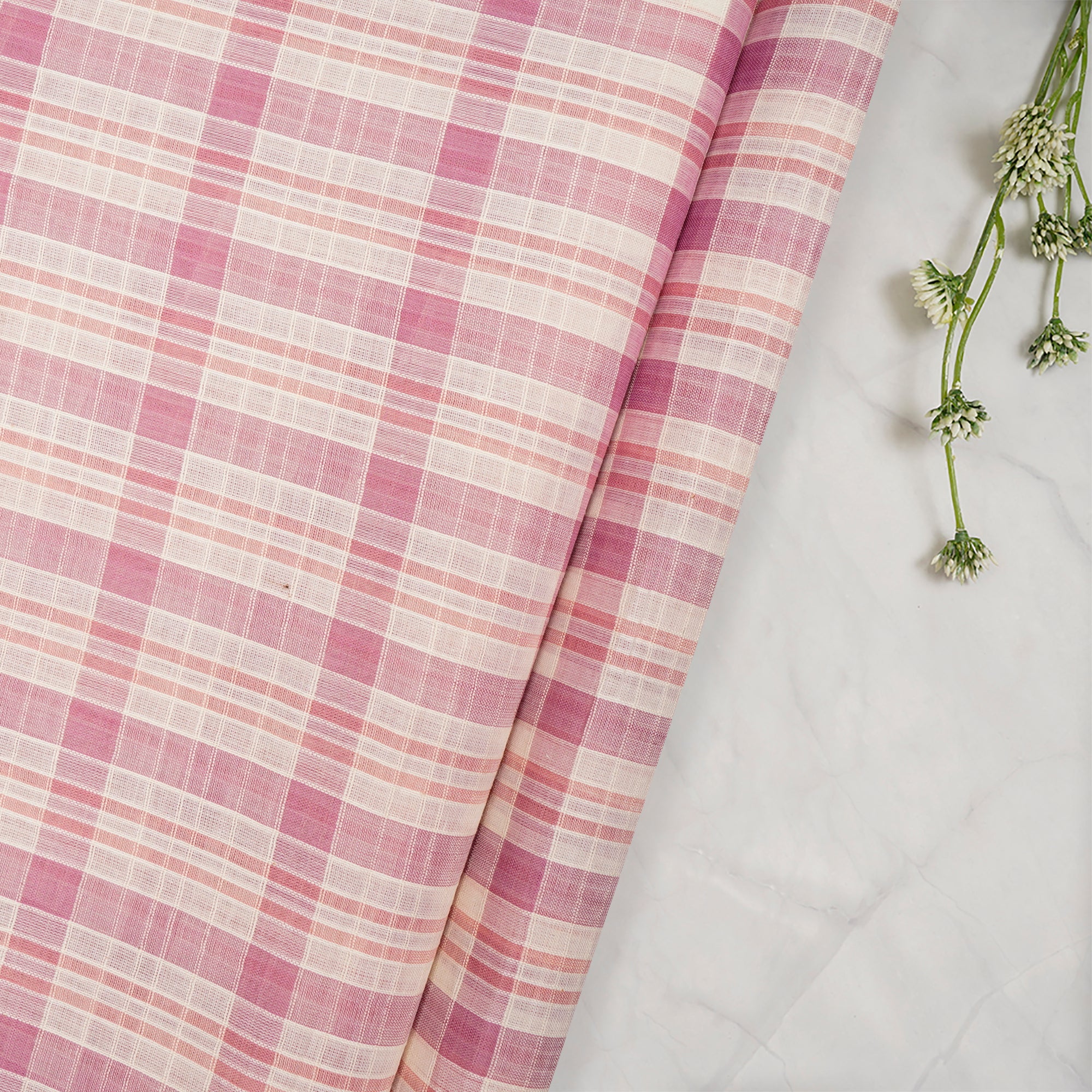 (Pre-Cut 1.25 Mtr)Baby Pink Color Fancy Check Pattern Pure Woven Cotton Voile Fabric