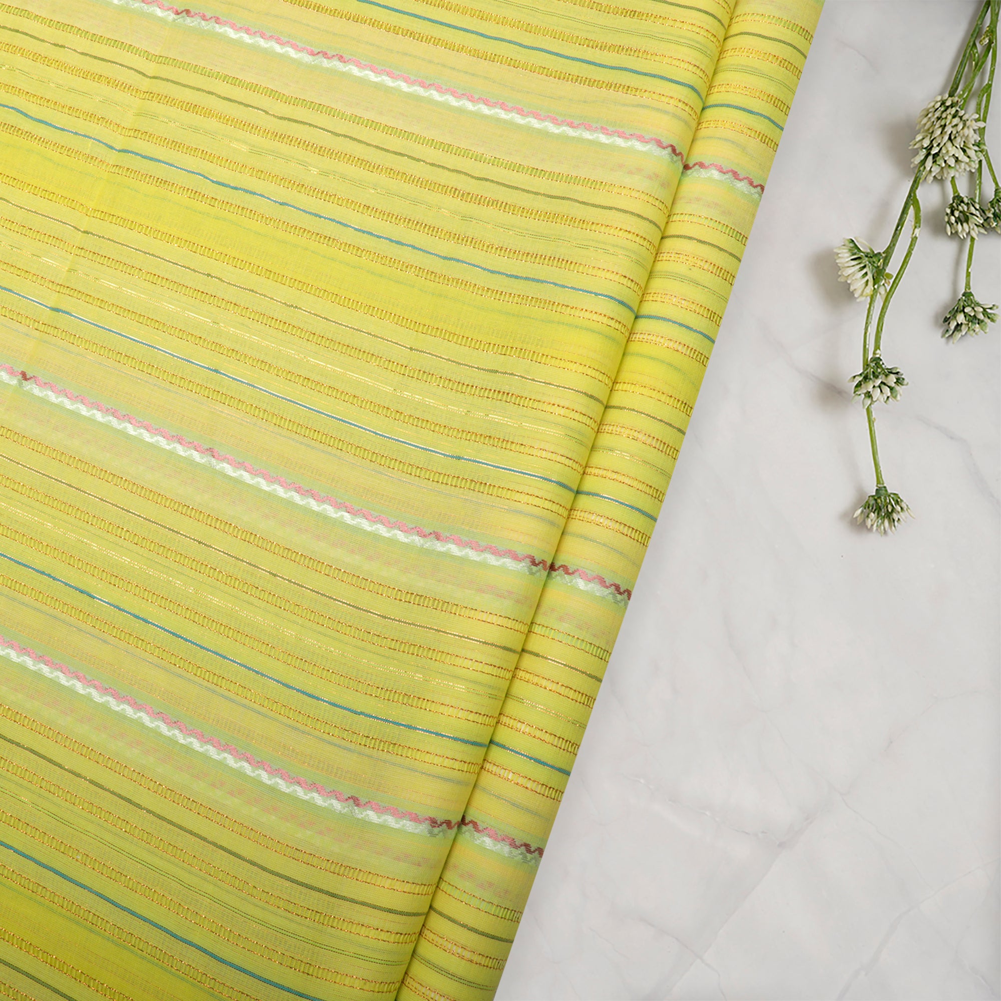 (Pre-Cut 1.40 Mtr)Green -Yellow Color Lurex Woven Cotton Voile Fabric